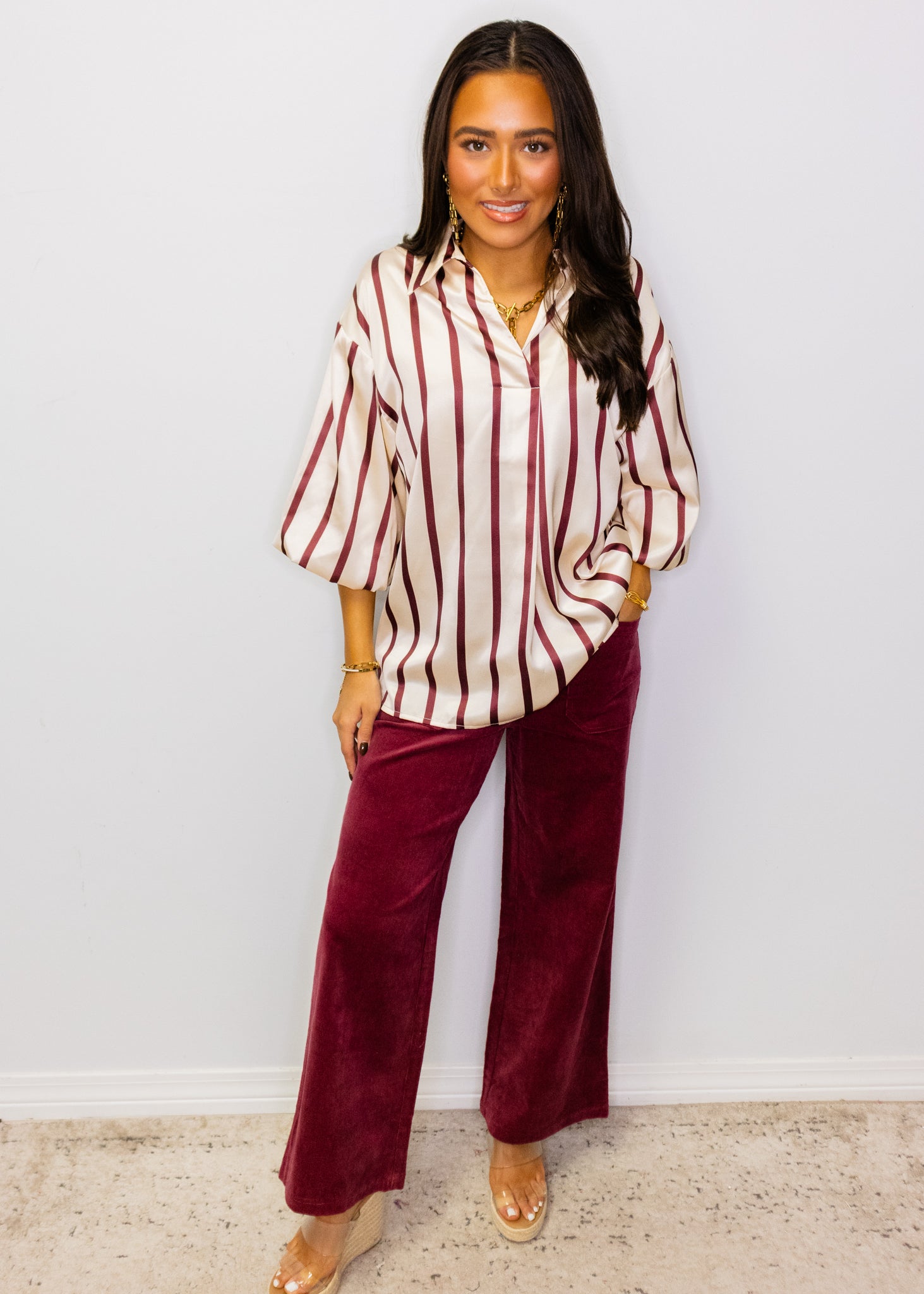 Burgundy Stripe Satin Blouse