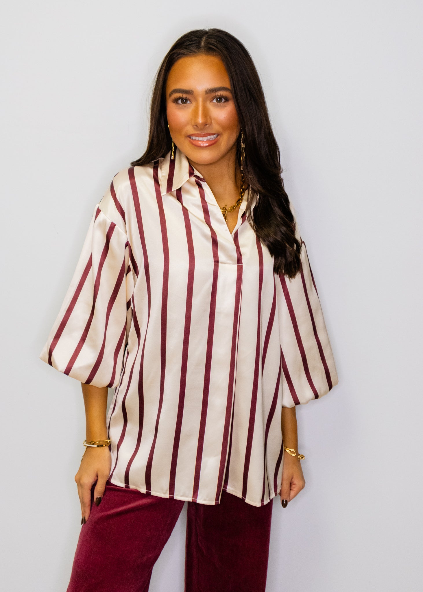 Burgundy Stripe Satin Blouse