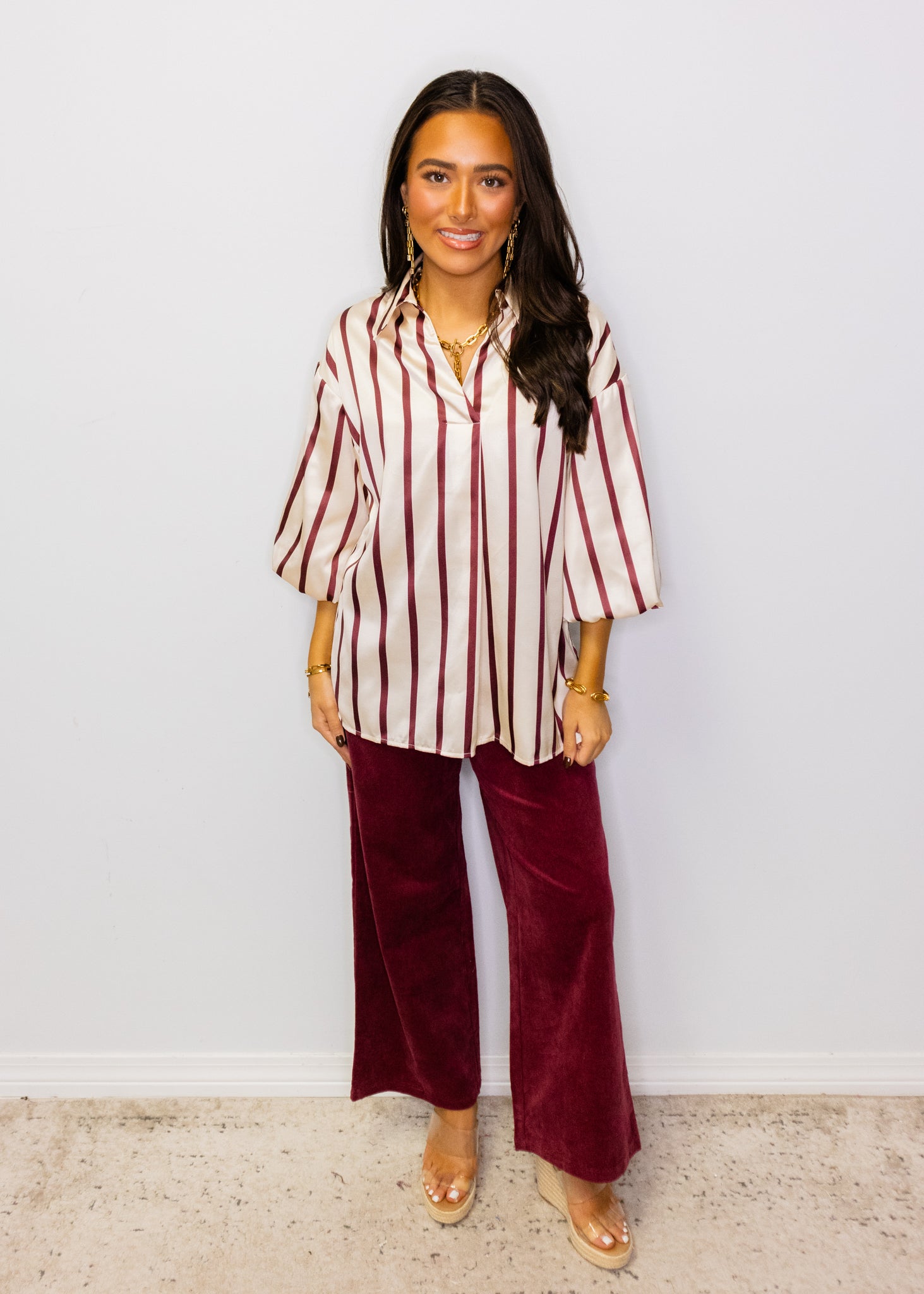 Burgundy Stripe Satin Blouse