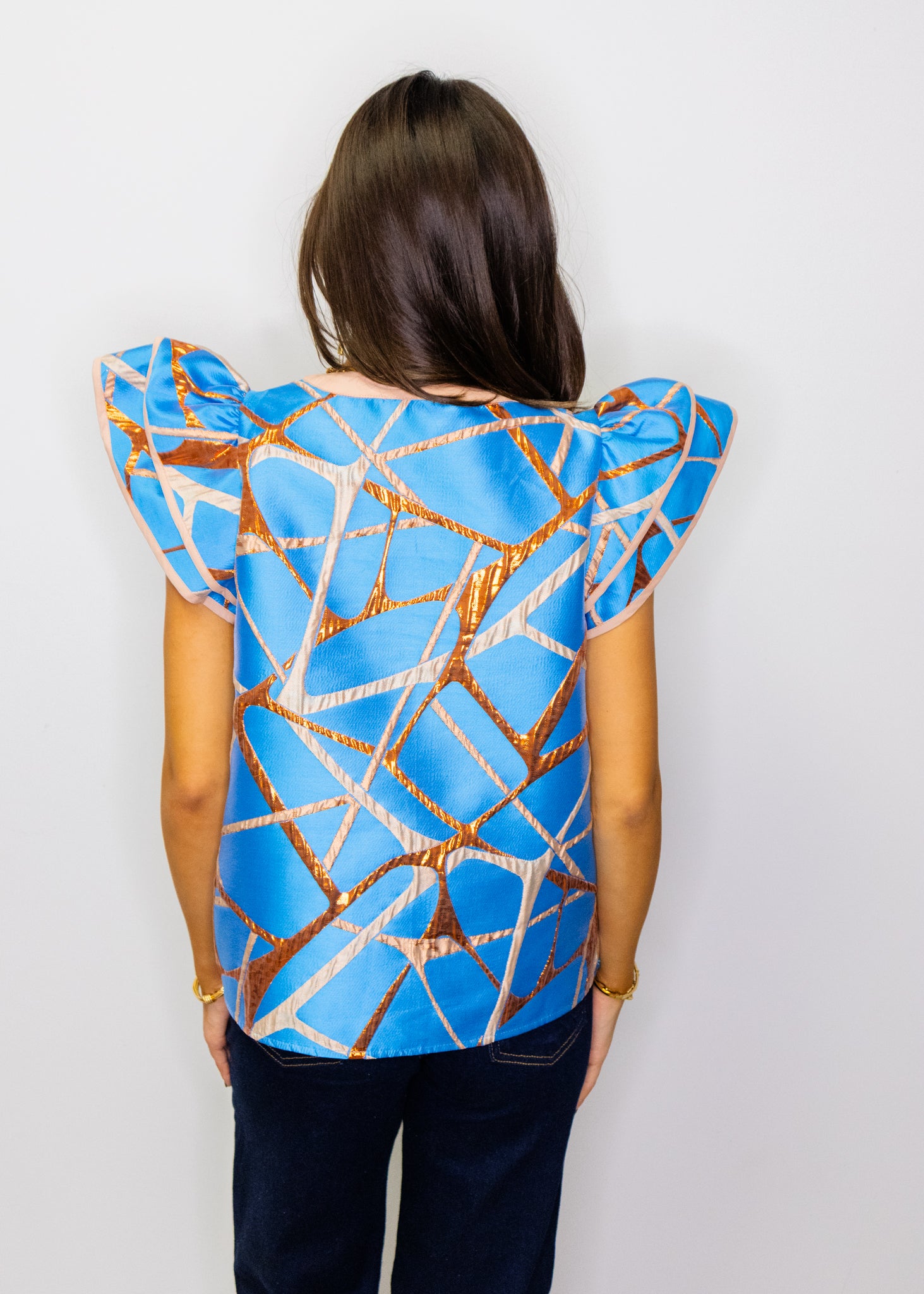 Blue Abstract Metallic Jacquard Top