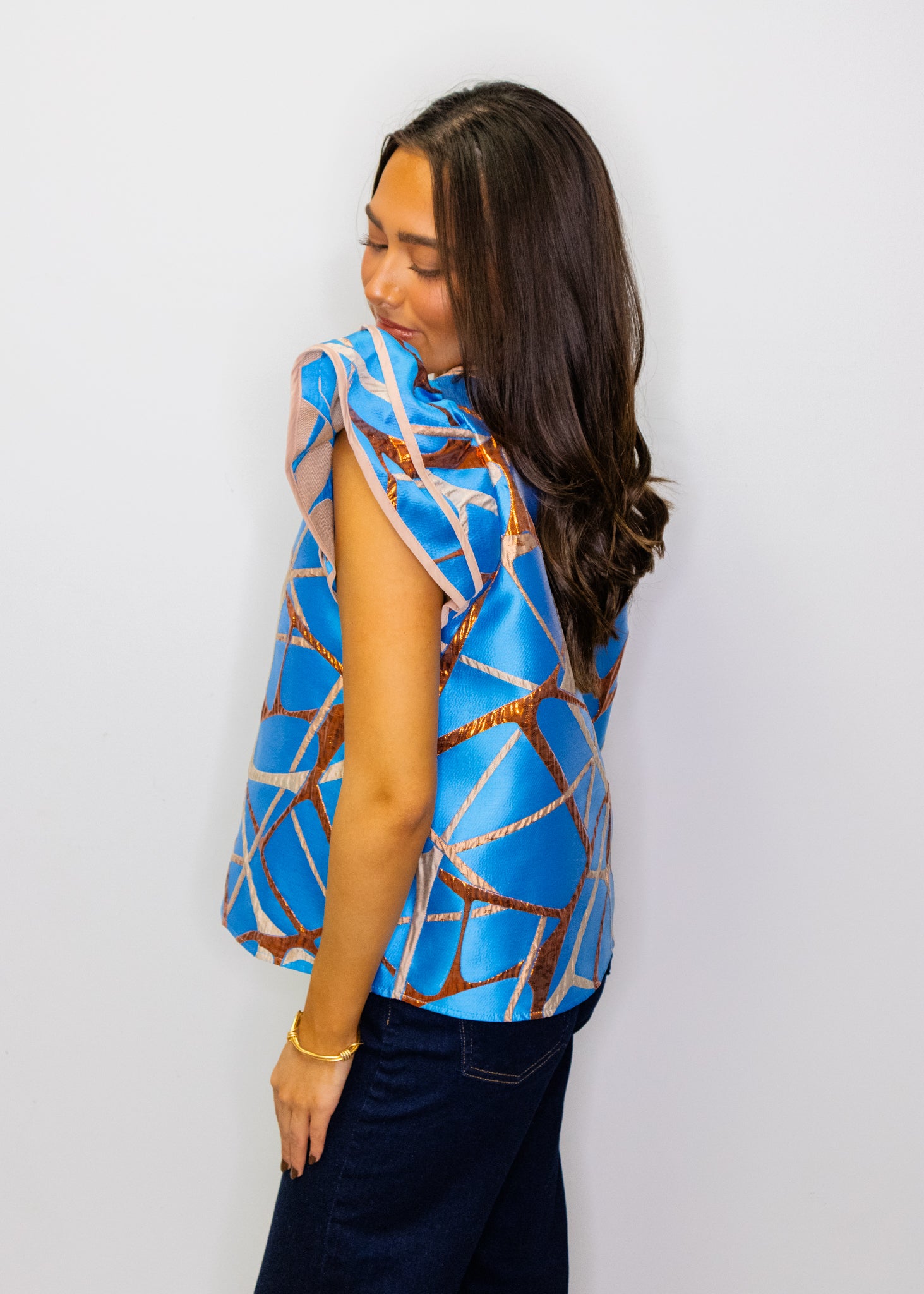 Blue Abstract Metallic Jacquard Top