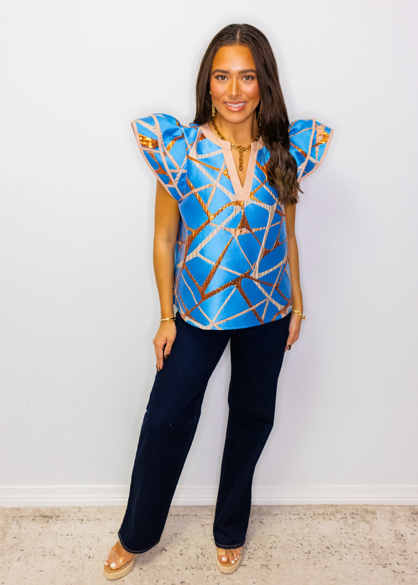 Blue Abstract Metallic Jacquard Top