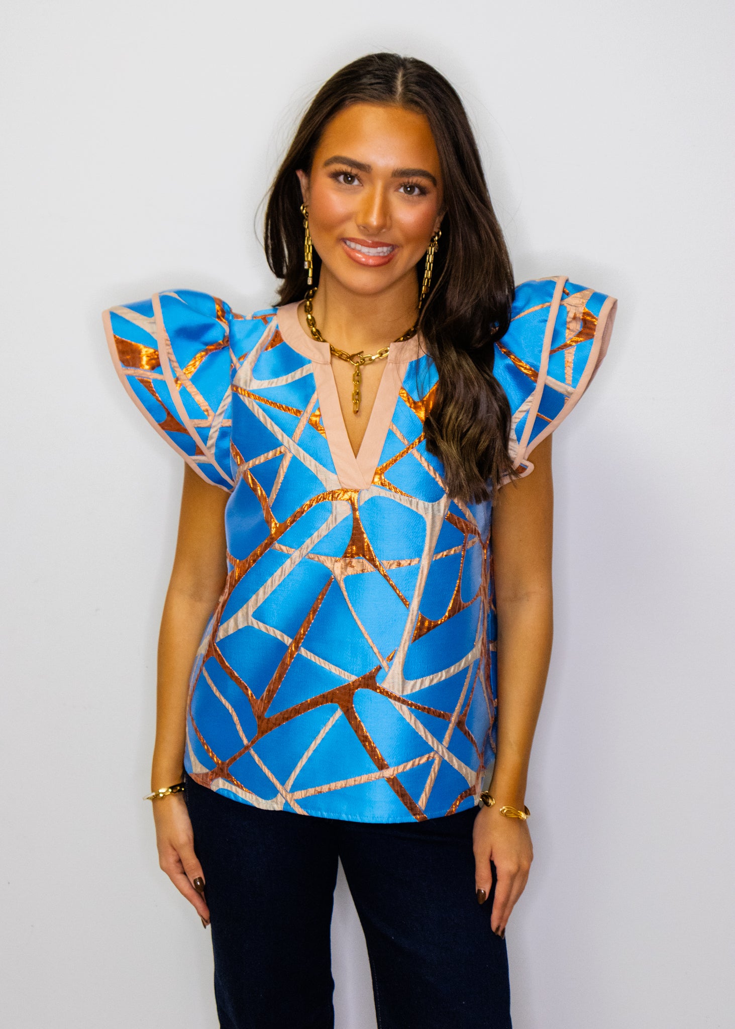 Blue Abstract Metallic Jacquard Top