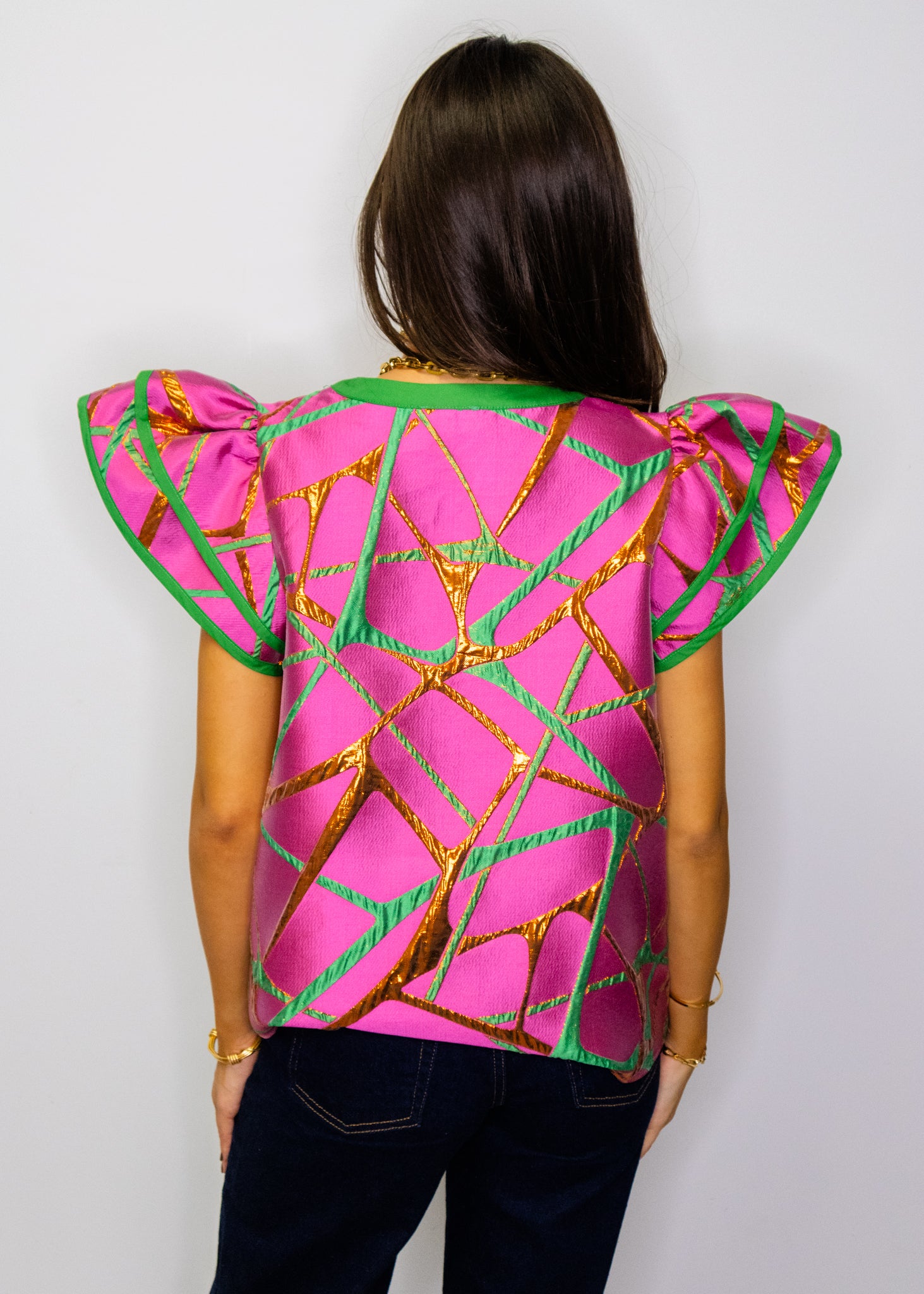 Pink Abstract Metallic Jacquard Top