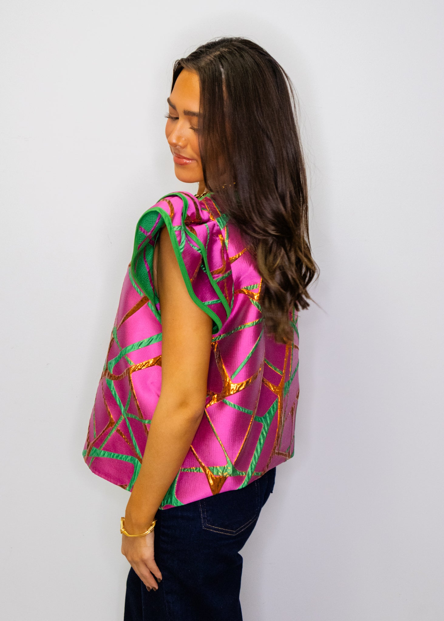 Pink Abstract Metallic Jacquard Top