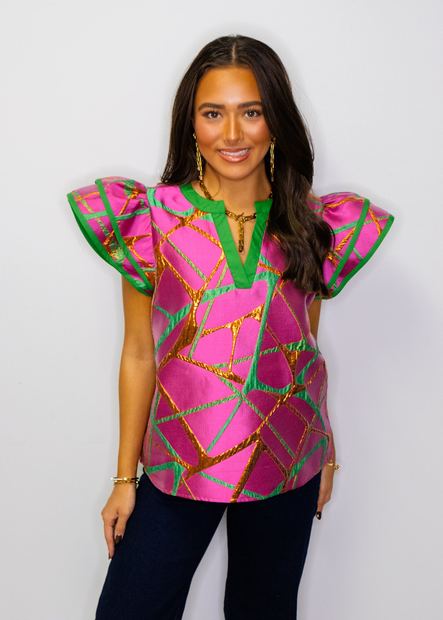 Pink Abstract Metallic Jacquard Top