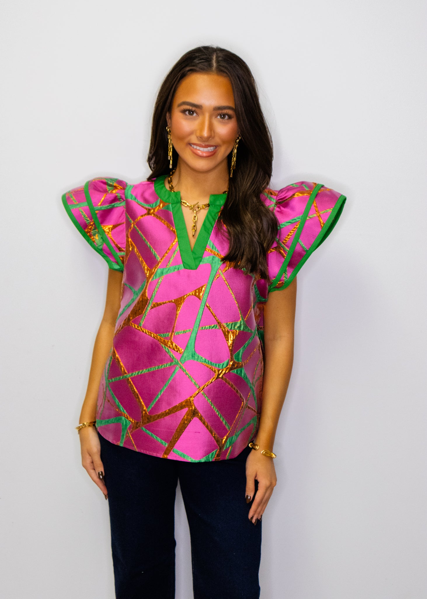 Pink Abstract Metallic Jacquard Top