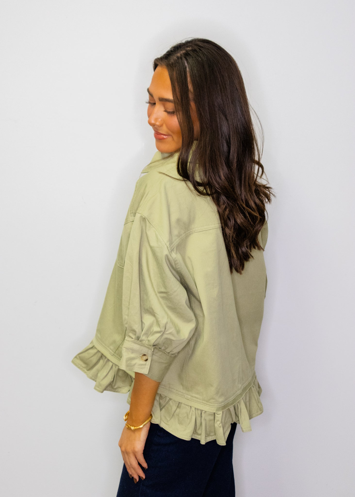 Olive Button Ruffle Detail Jacket