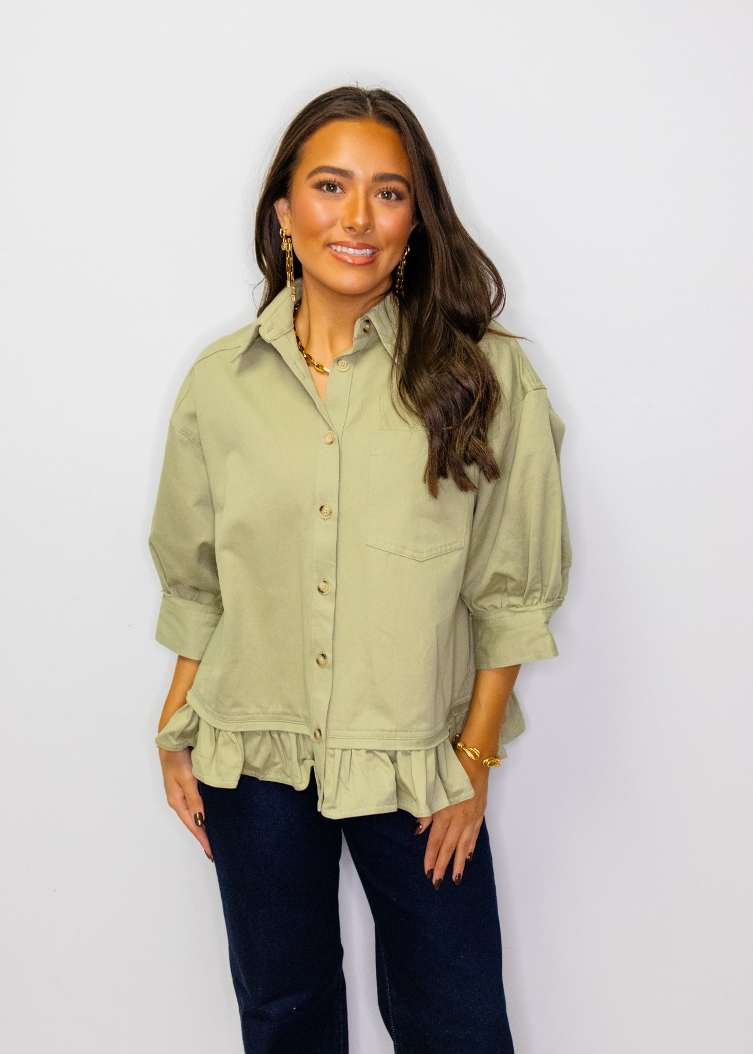 Olive Button Ruffle Detail Jacket