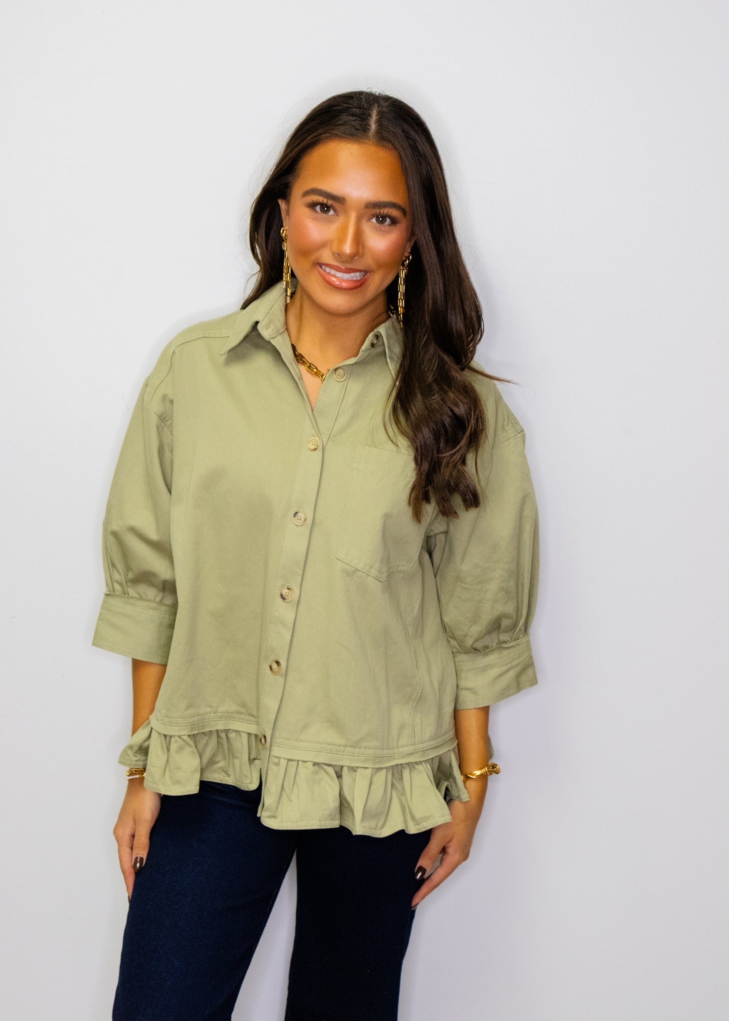 Olive Button Ruffle Detail Jacket