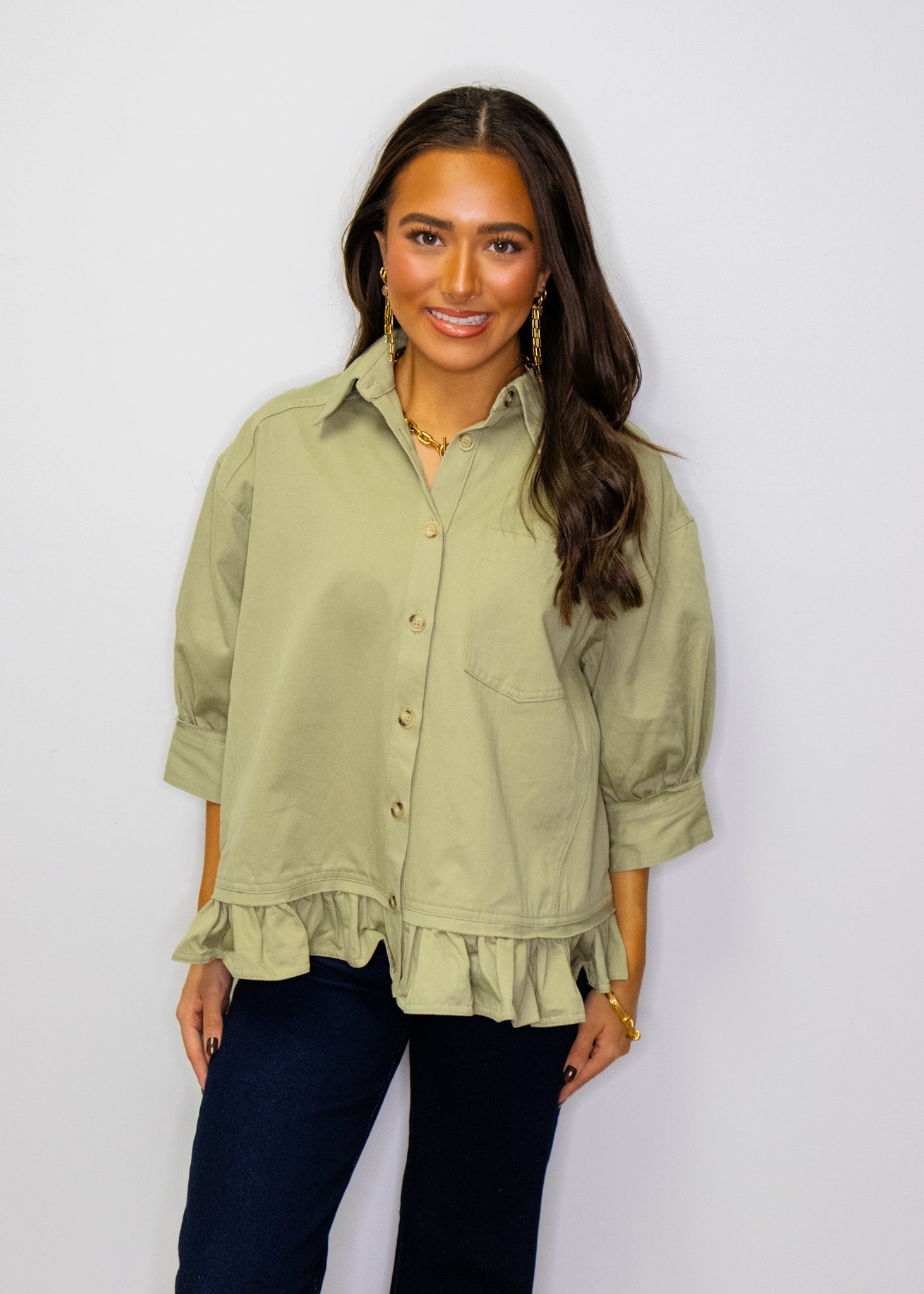 Olive Button Ruffle Detail Jacket