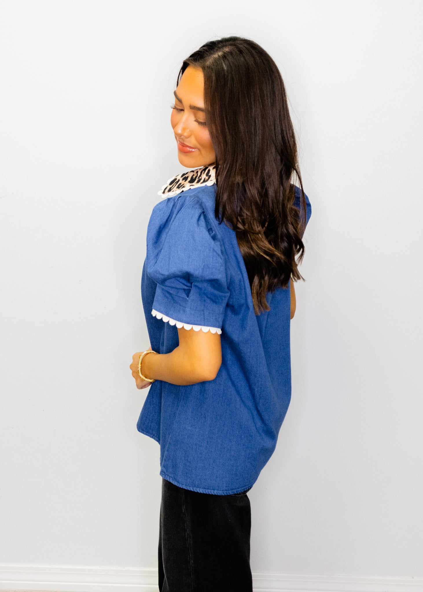 Denim & Leopard Puff Sleeve Top