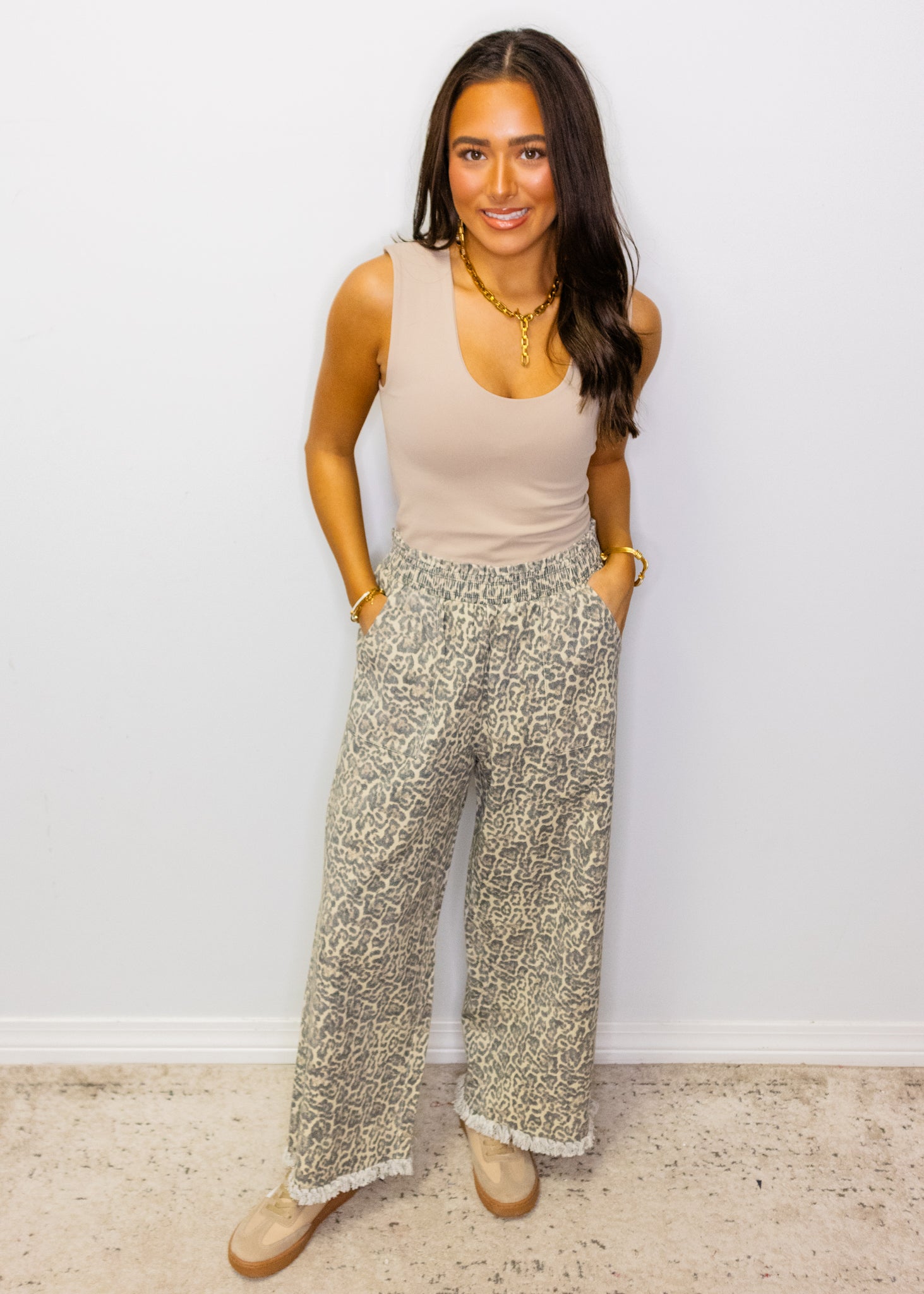 Leopard Drawstring Wide Leg Pants