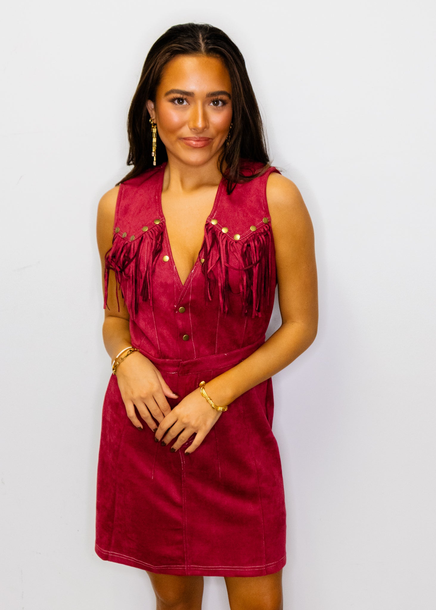Burgundy Swede Fringe Dress