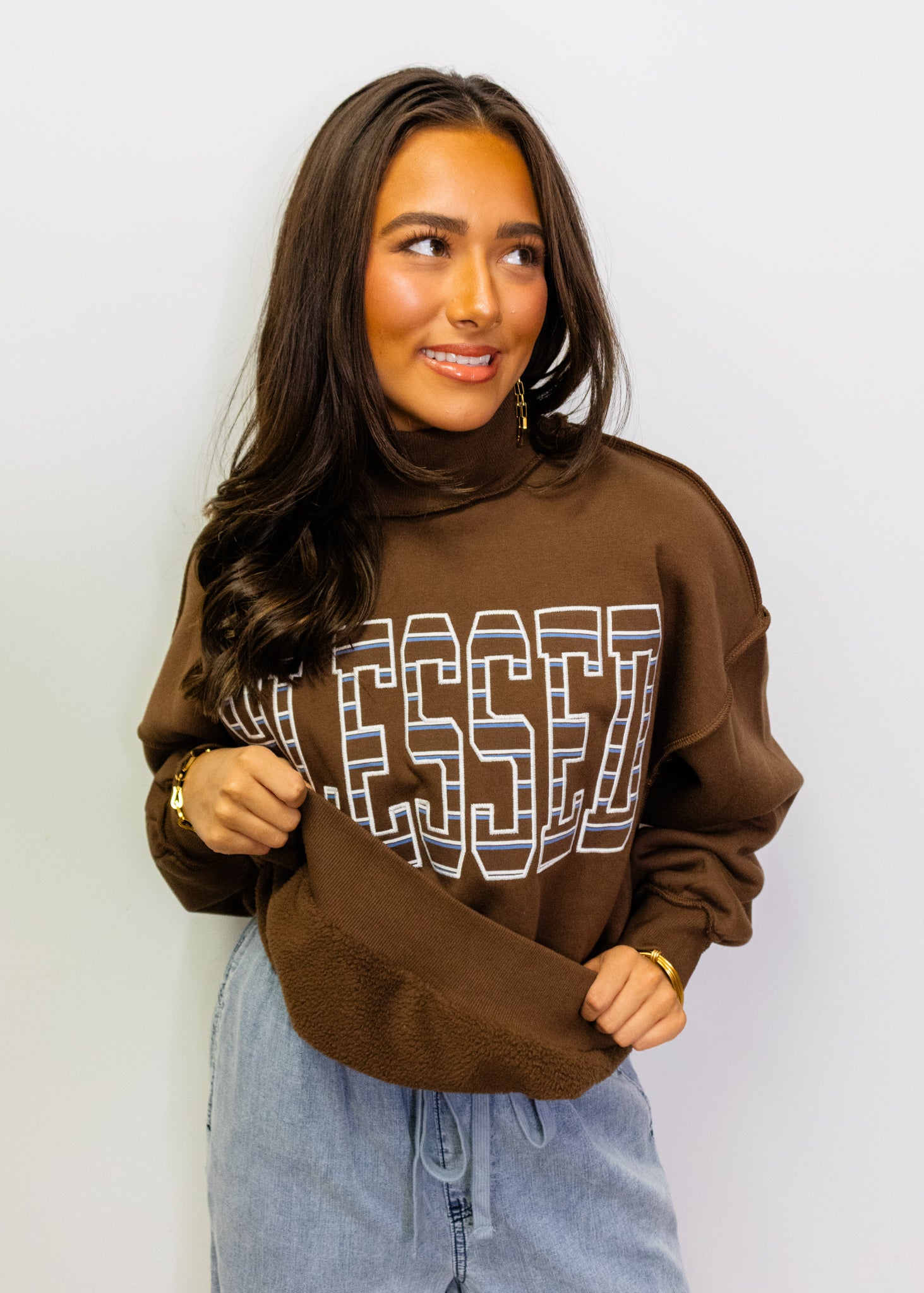 Brown "Blessed" Mock Neck Sweatshirt