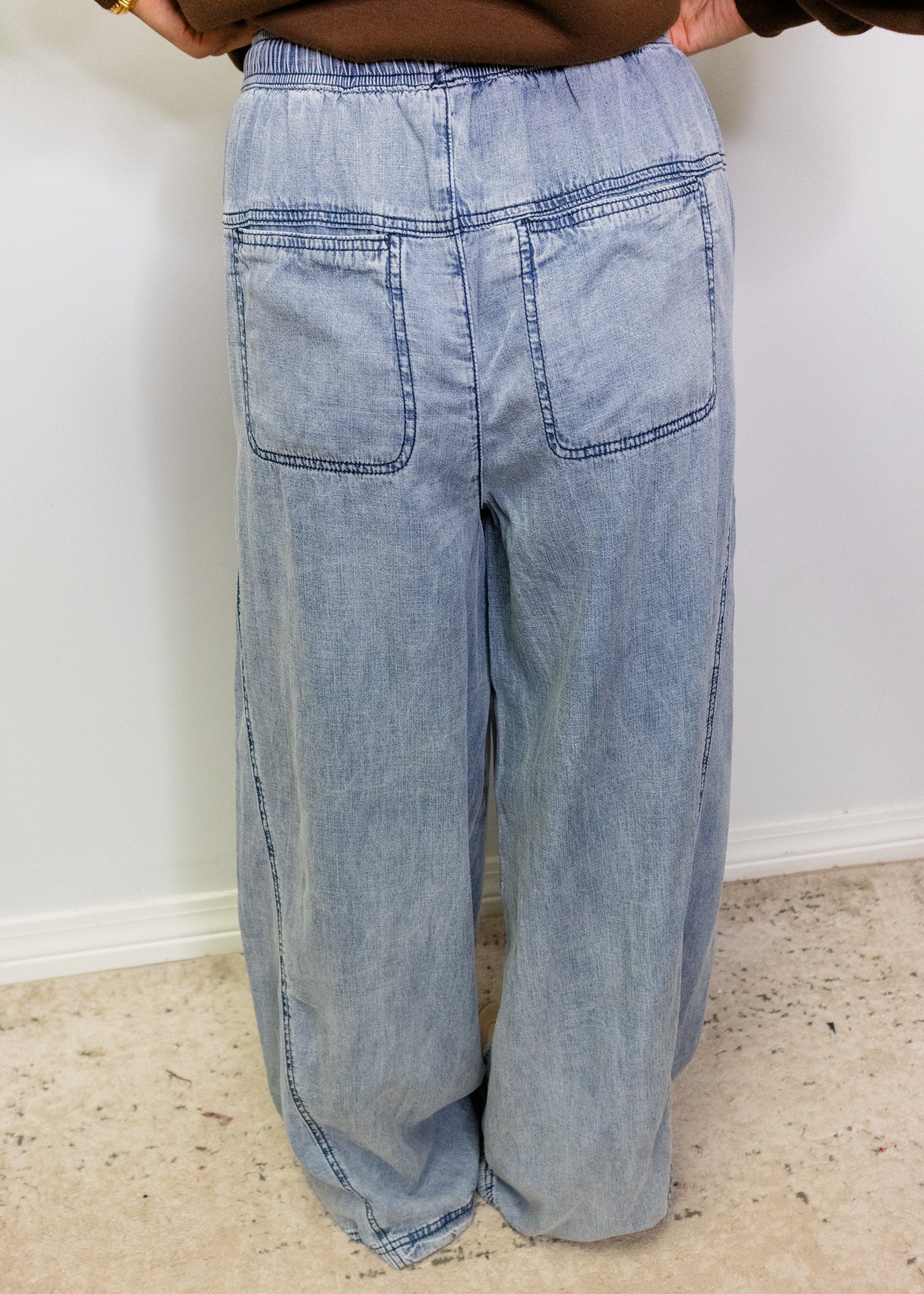 Denim Elastic Waist Drawstring Wide Leg Pants