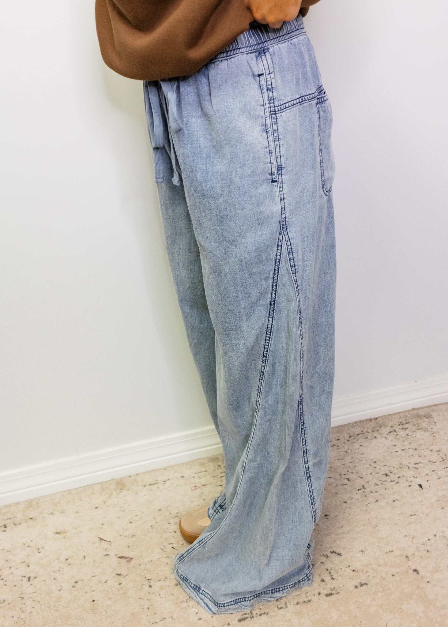 Denim Elastic Waist Drawstring Wide Leg Pants