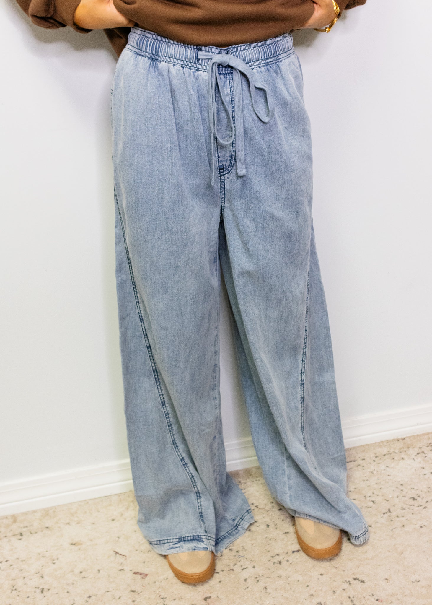 Denim Elastic Waist Drawstring Wide Leg Pants
