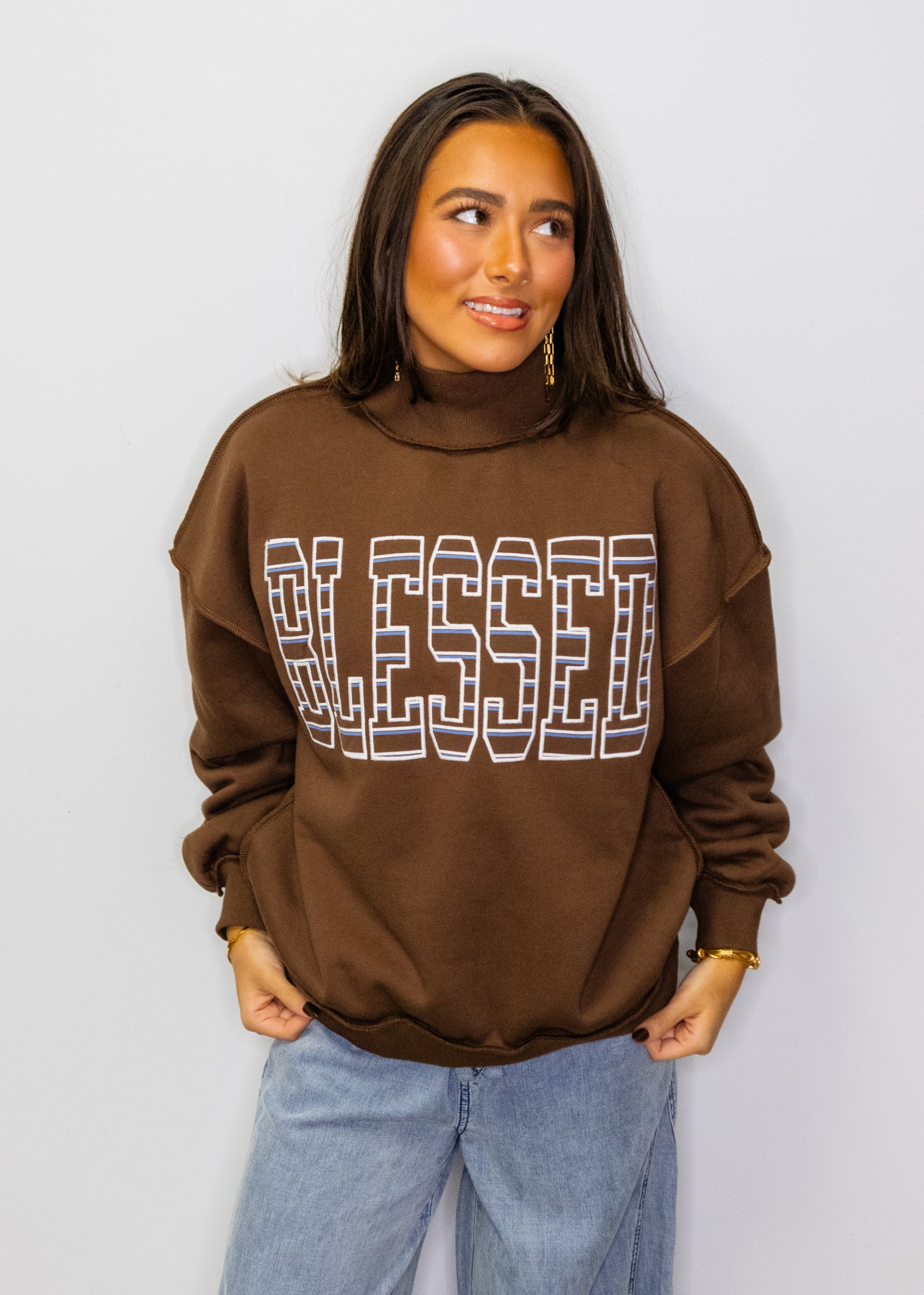 Brown "Blessed" Mock Neck Sweatshirt
