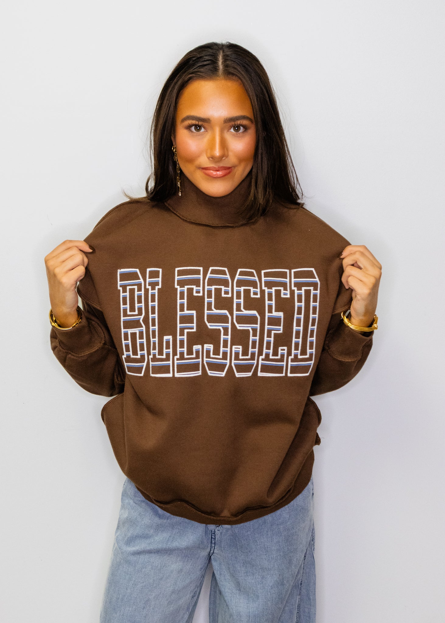 Brown "Blessed" Mock Neck Sweatshirt