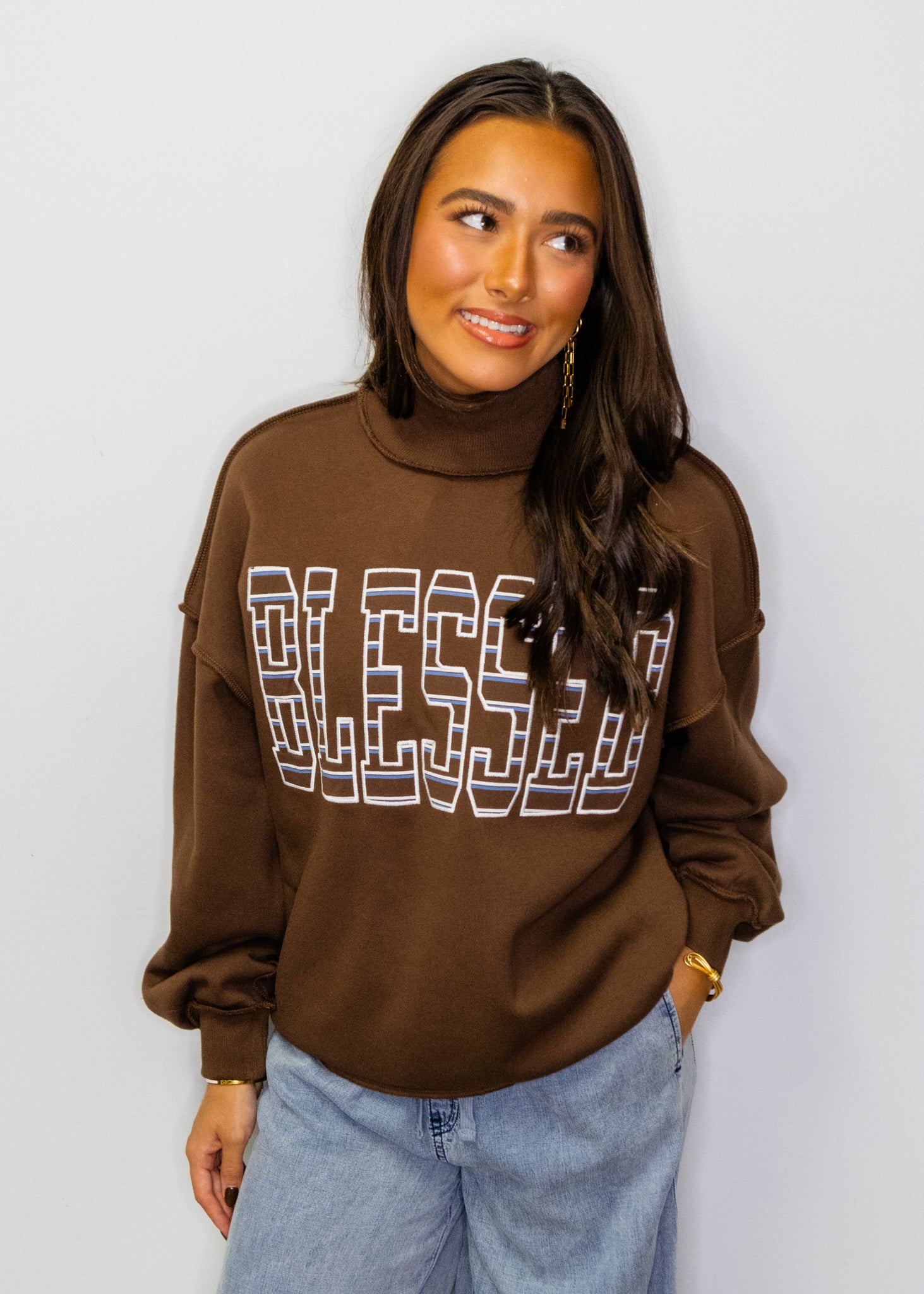 Brown "Blessed" Mock Neck Sweatshirt