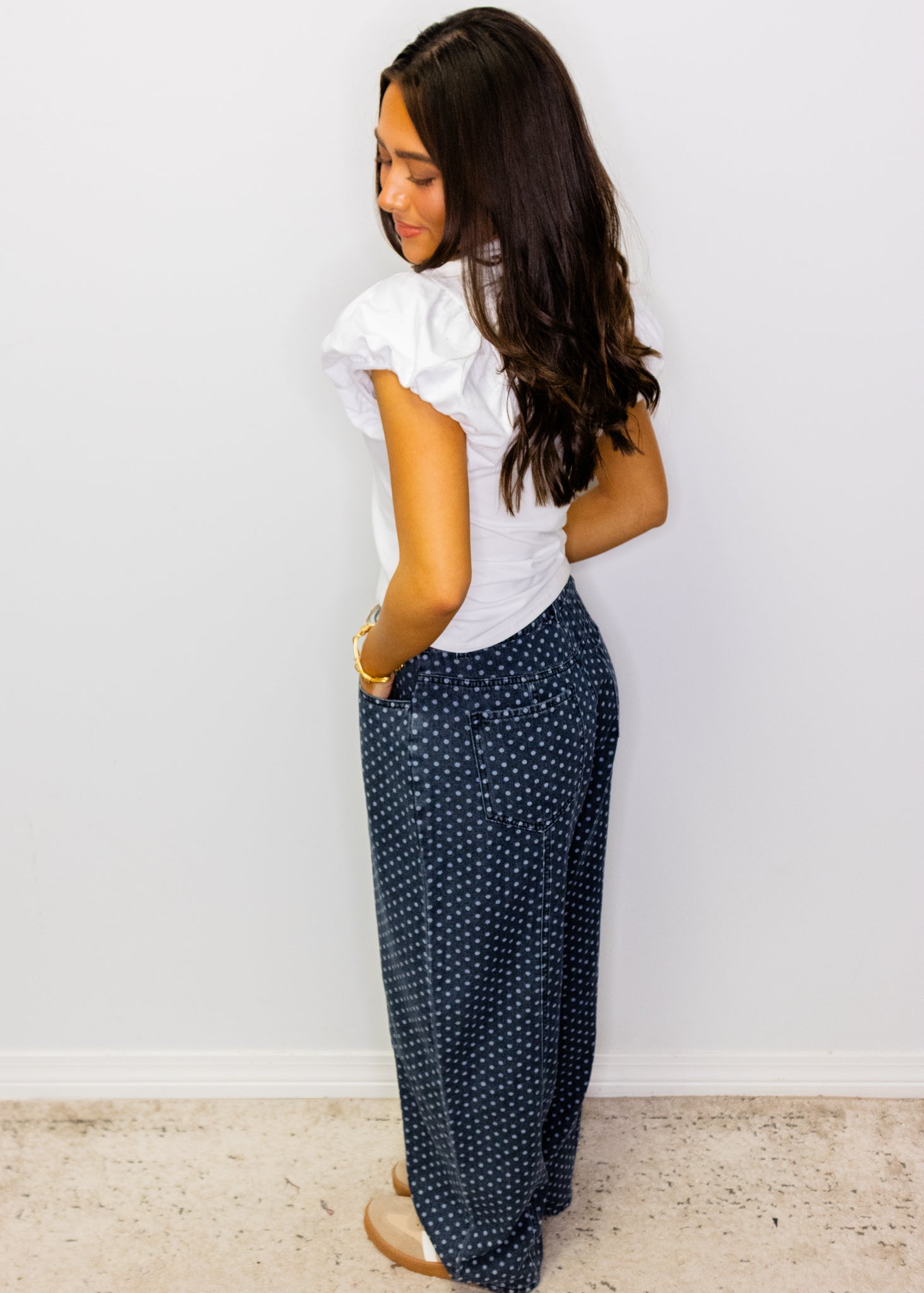 Polka Dot Washed Barrel Jeans