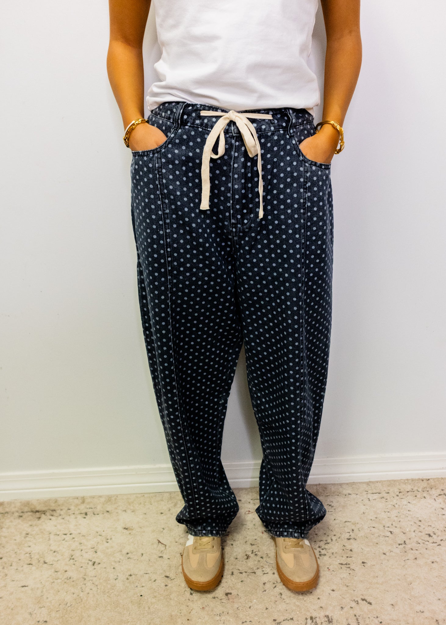 Polka Dot Washed Barrel Jeans