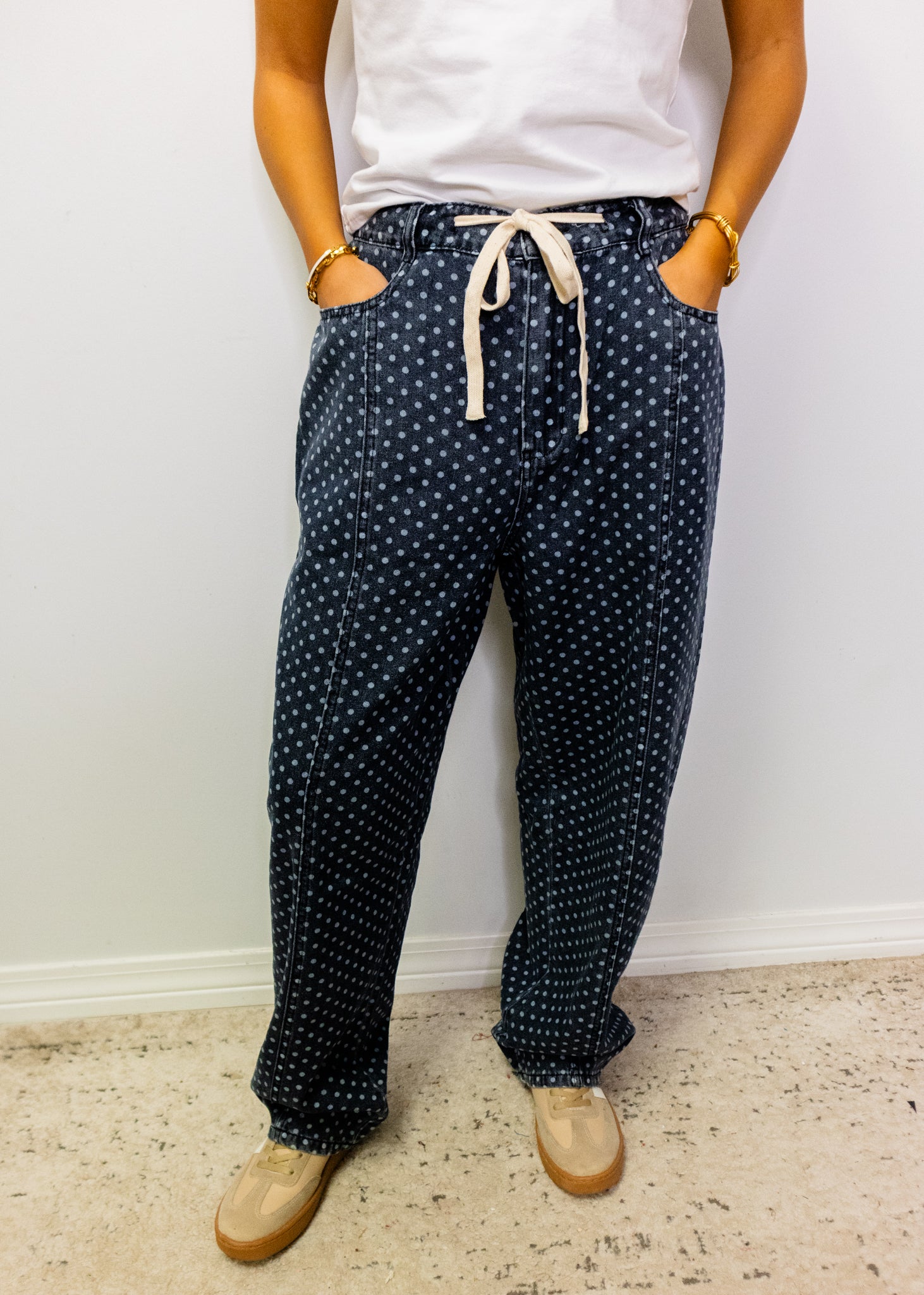 Polka Dot Washed Barrel Jeans