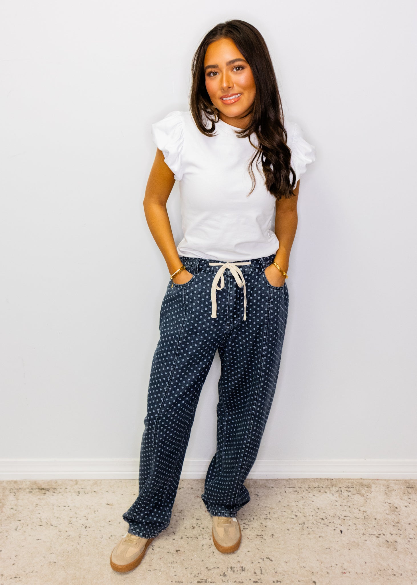 Polka Dot Washed Barrel Jeans