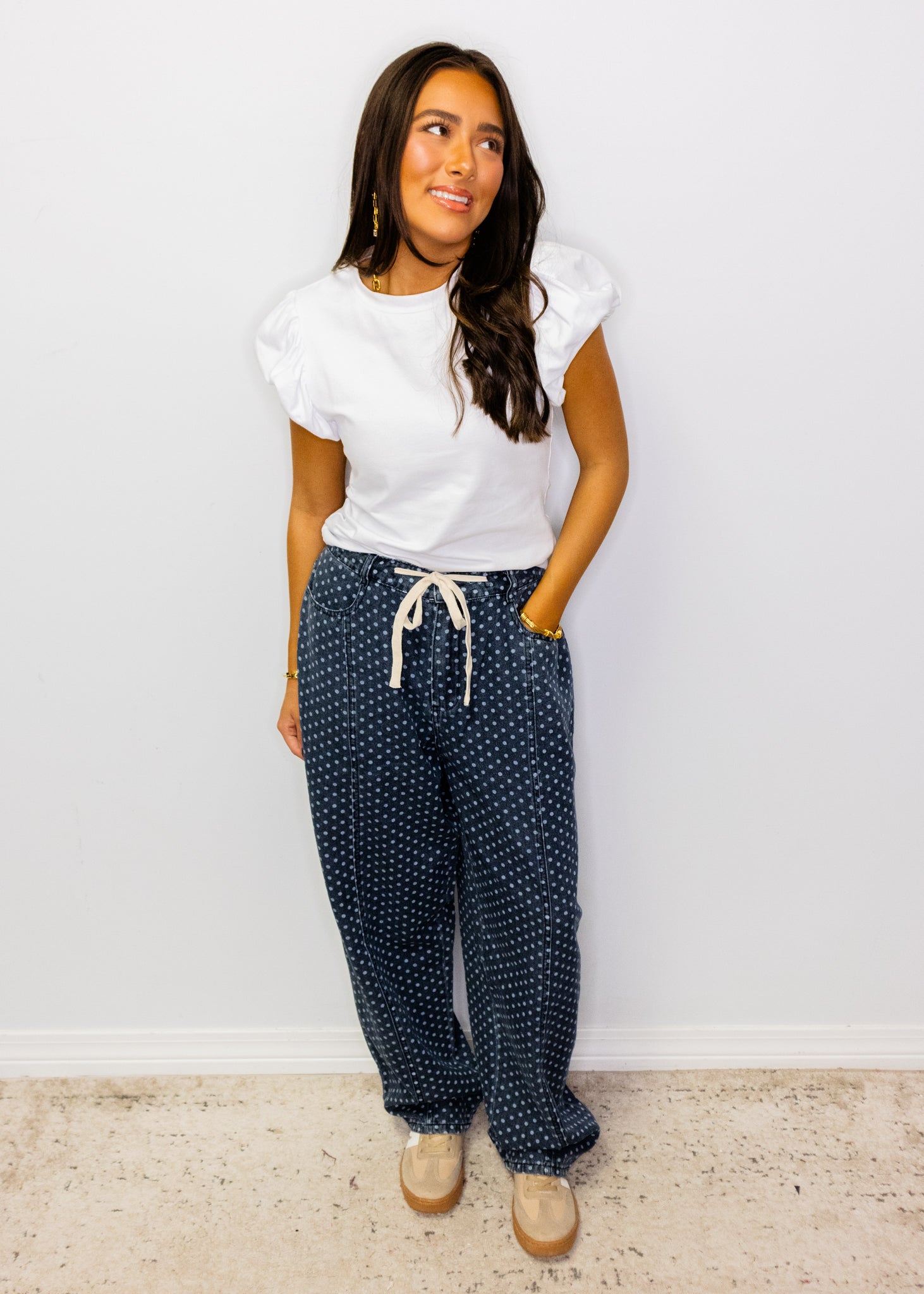 Polka Dot Washed Barrel Jeans