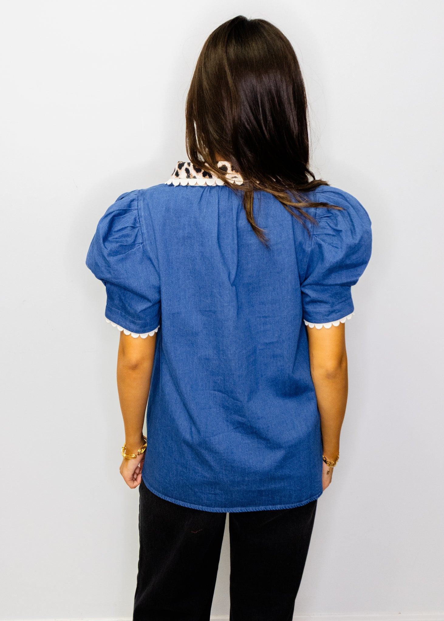 Denim & Leopard Puff Sleeve Top