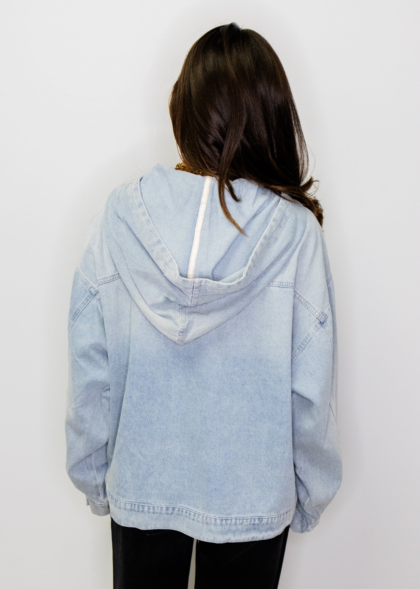 Mineral Washed Cotton Denim Half Zip Hoodie