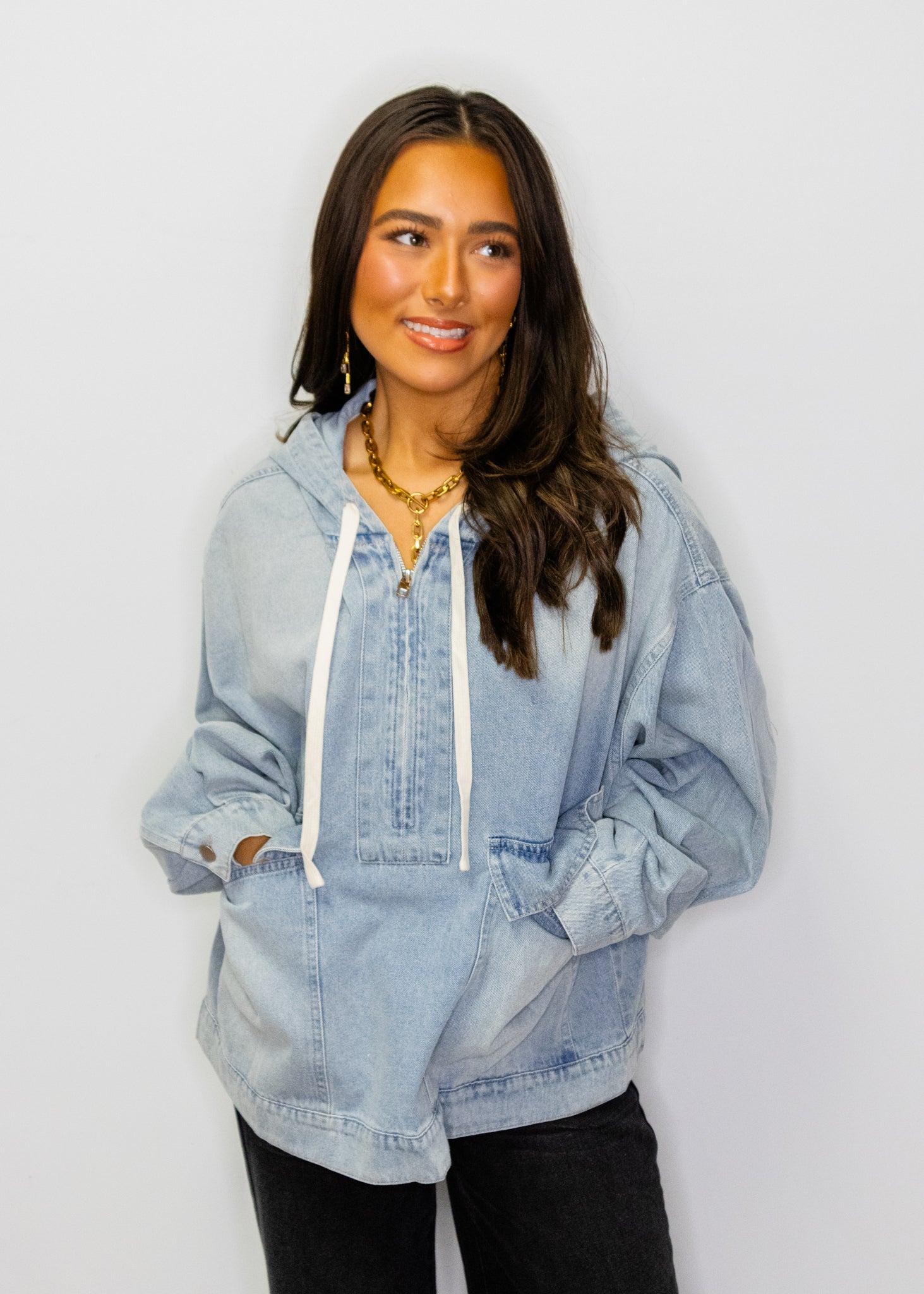 Mineral Washed Cotton Denim Half Zip Hoodie