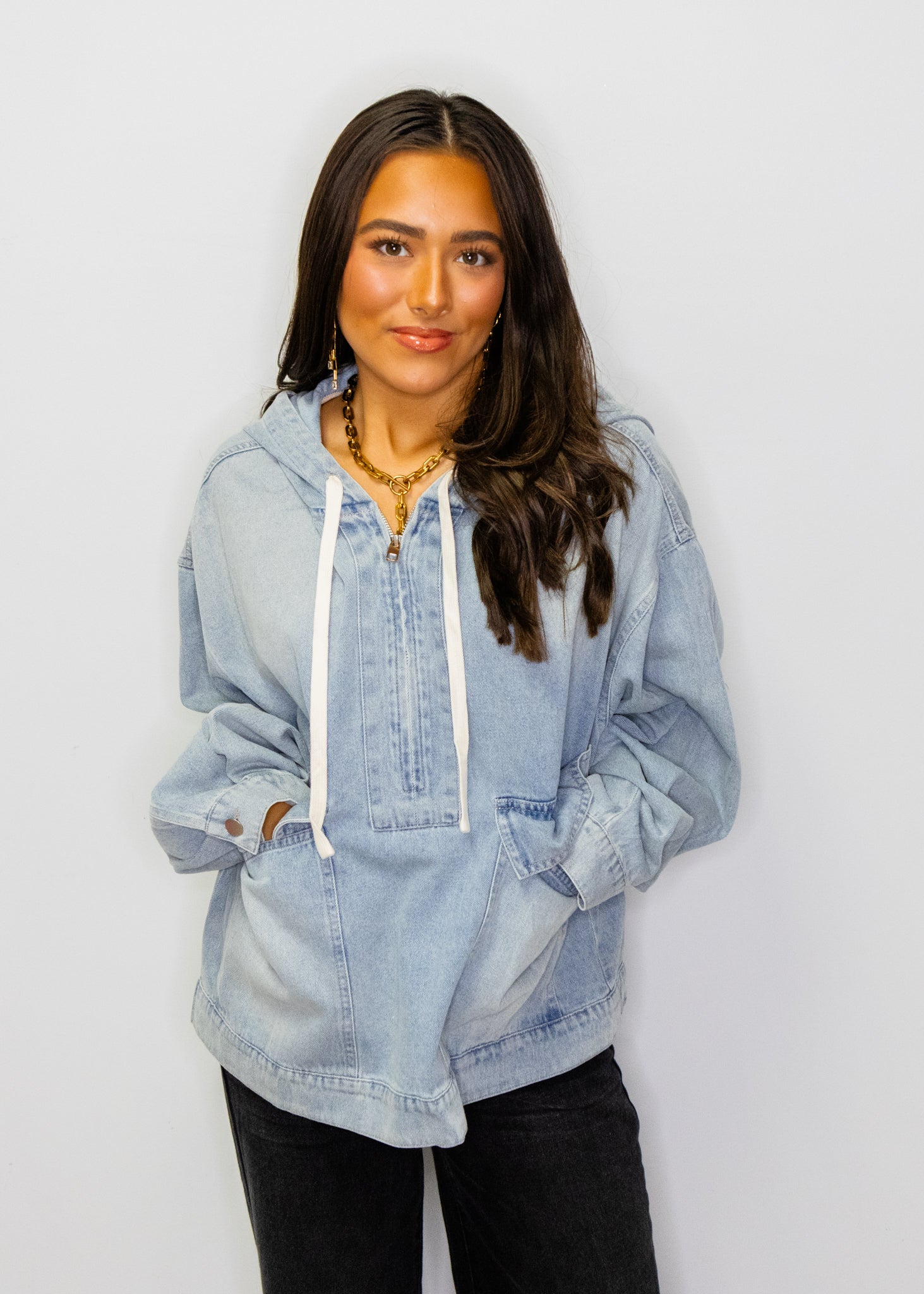 Mineral Washed Cotton Denim Half Zip Hoodie