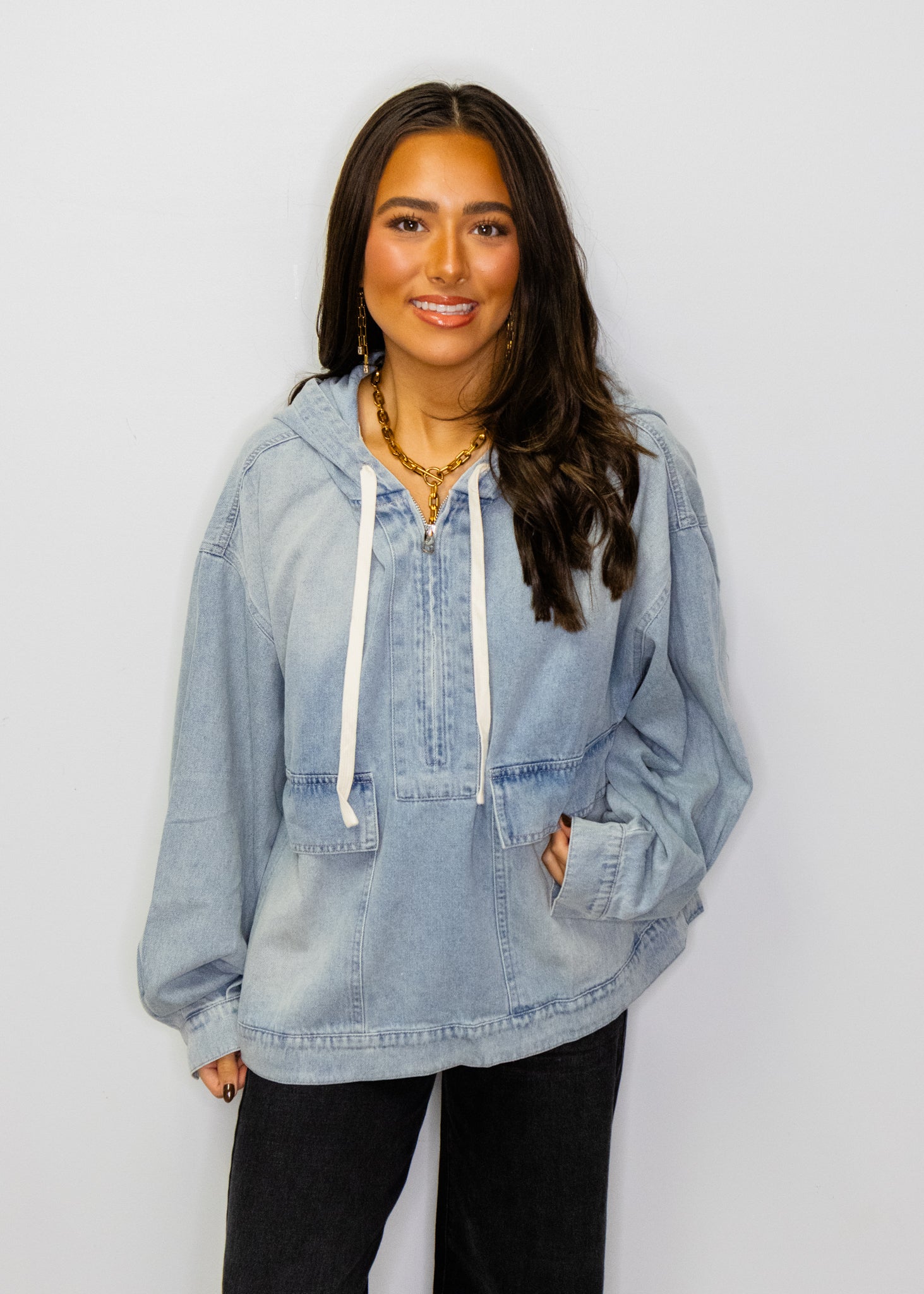 Mineral Washed Cotton Denim Half Zip Hoodie