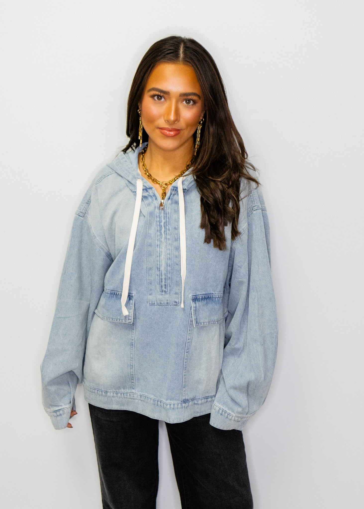 Mineral Washed Cotton Denim Half Zip Hoodie