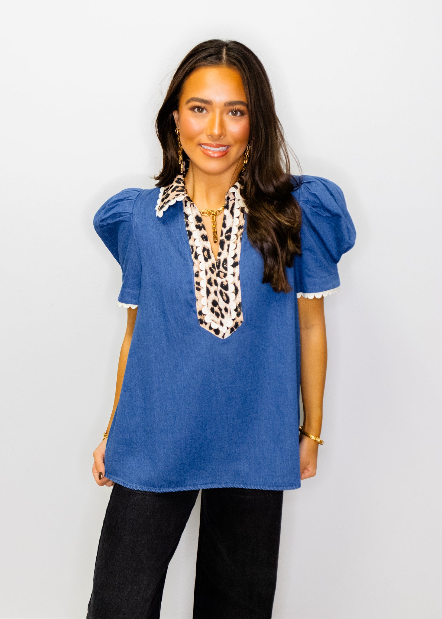 Denim & Leopard Puff Sleeve Top