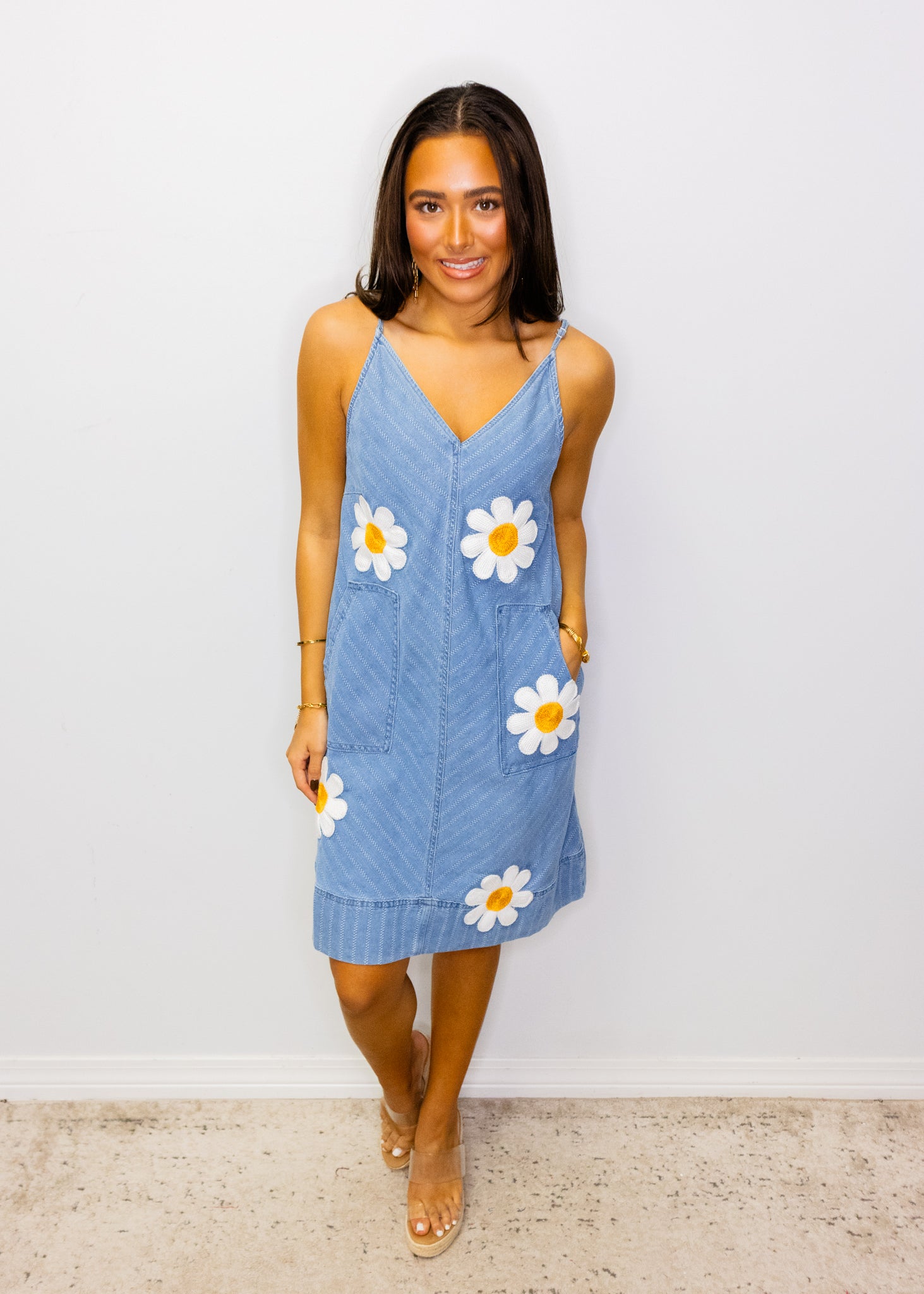Denim Striped Daisy Patch Dress