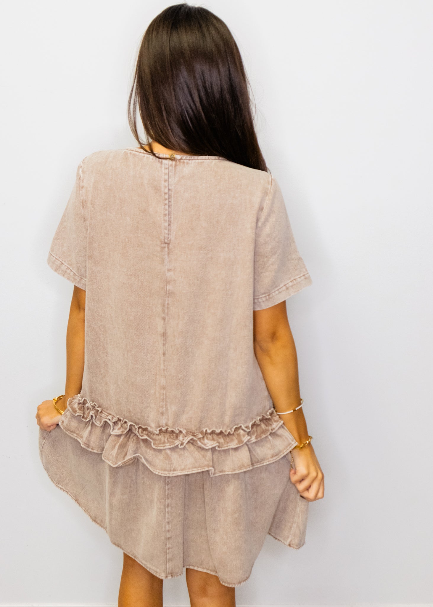 Taupe Mineral Wash Ruffle Dress