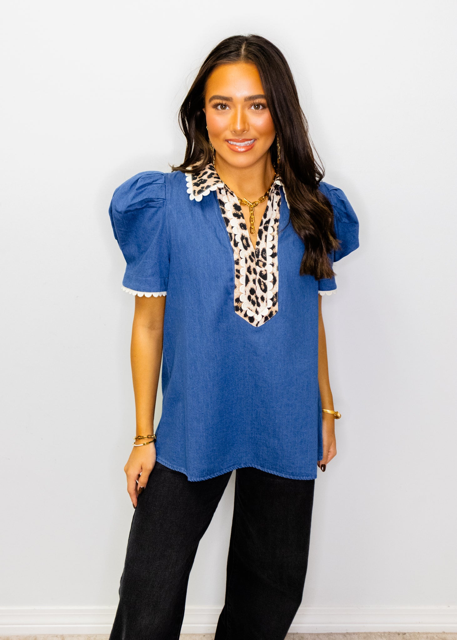 Denim & Leopard Puff Sleeve Top