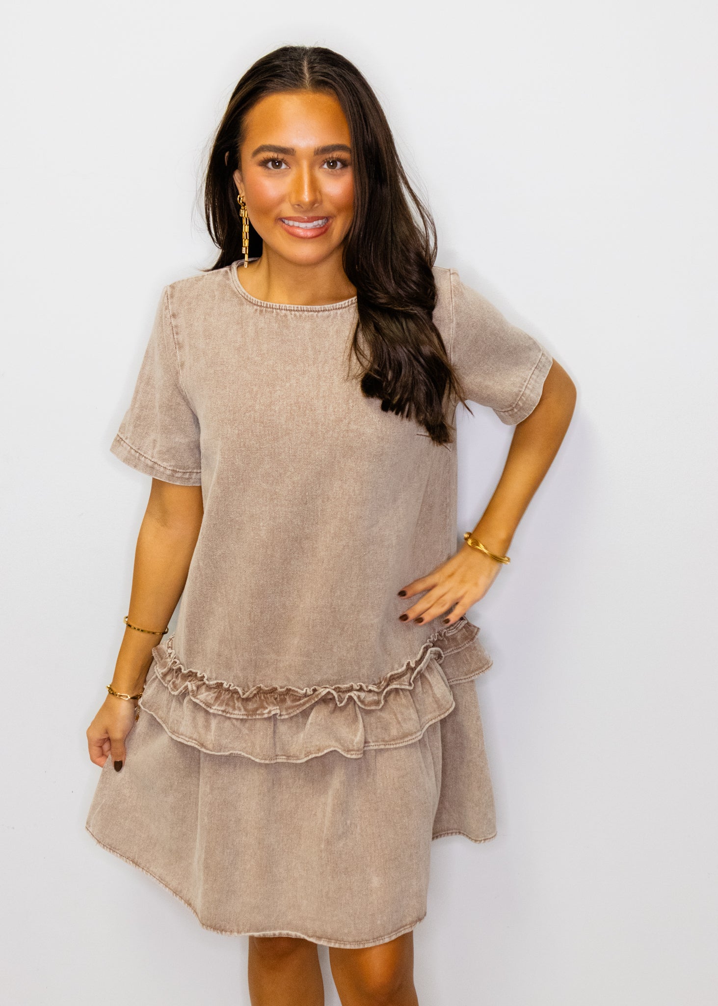 Taupe Mineral Wash Ruffle Dress