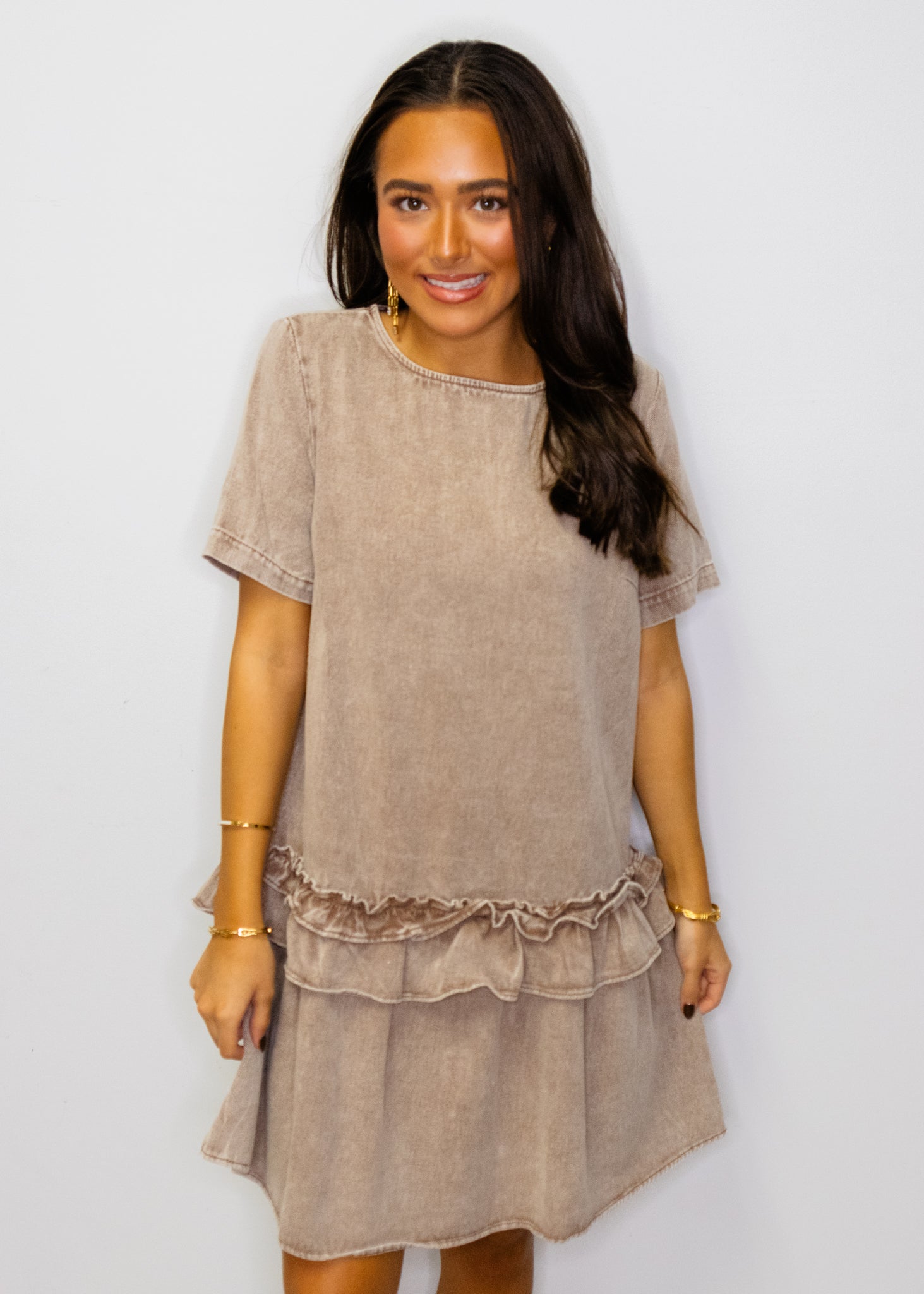 Taupe Mineral Wash Ruffle Dress