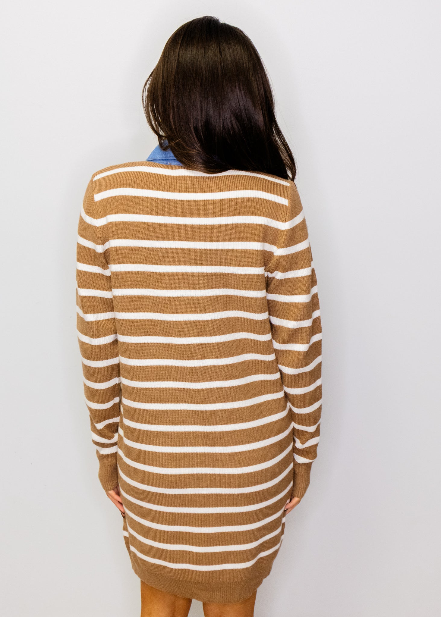 Camel Stripe Denim Collar Dress