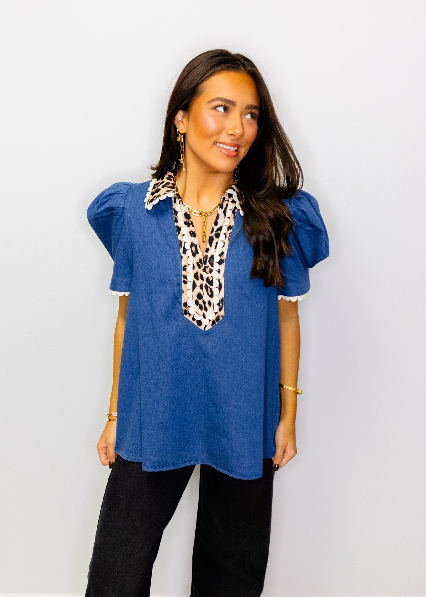 Denim & Leopard Puff Sleeve Top