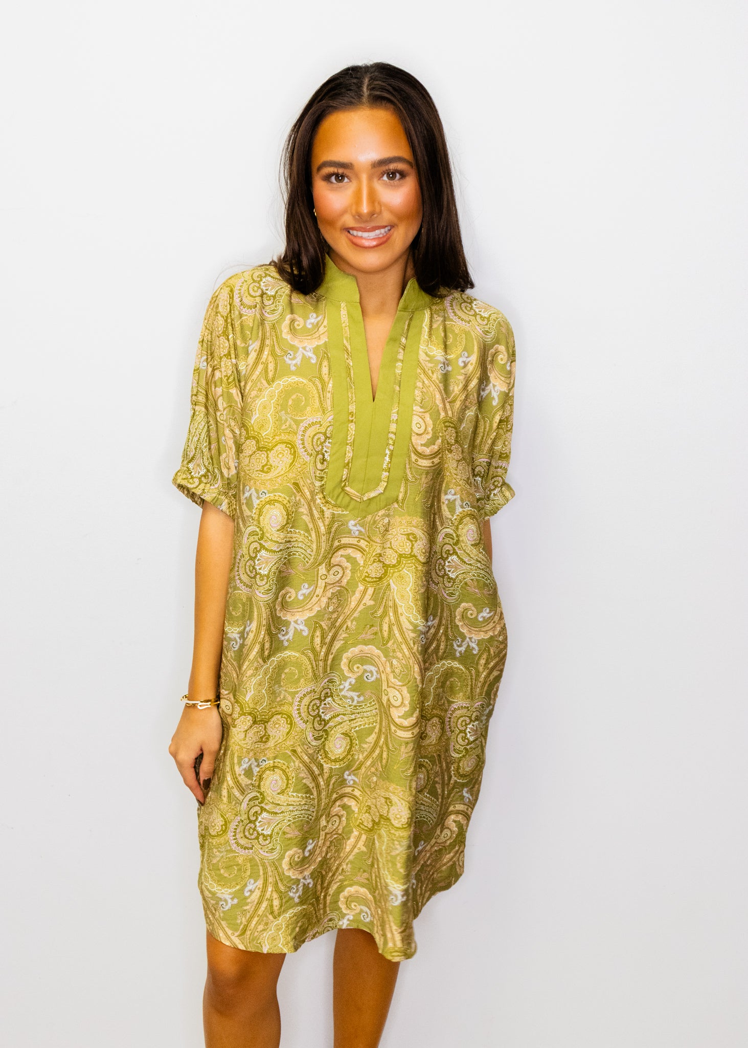 Olive Paisley Shift Dress
