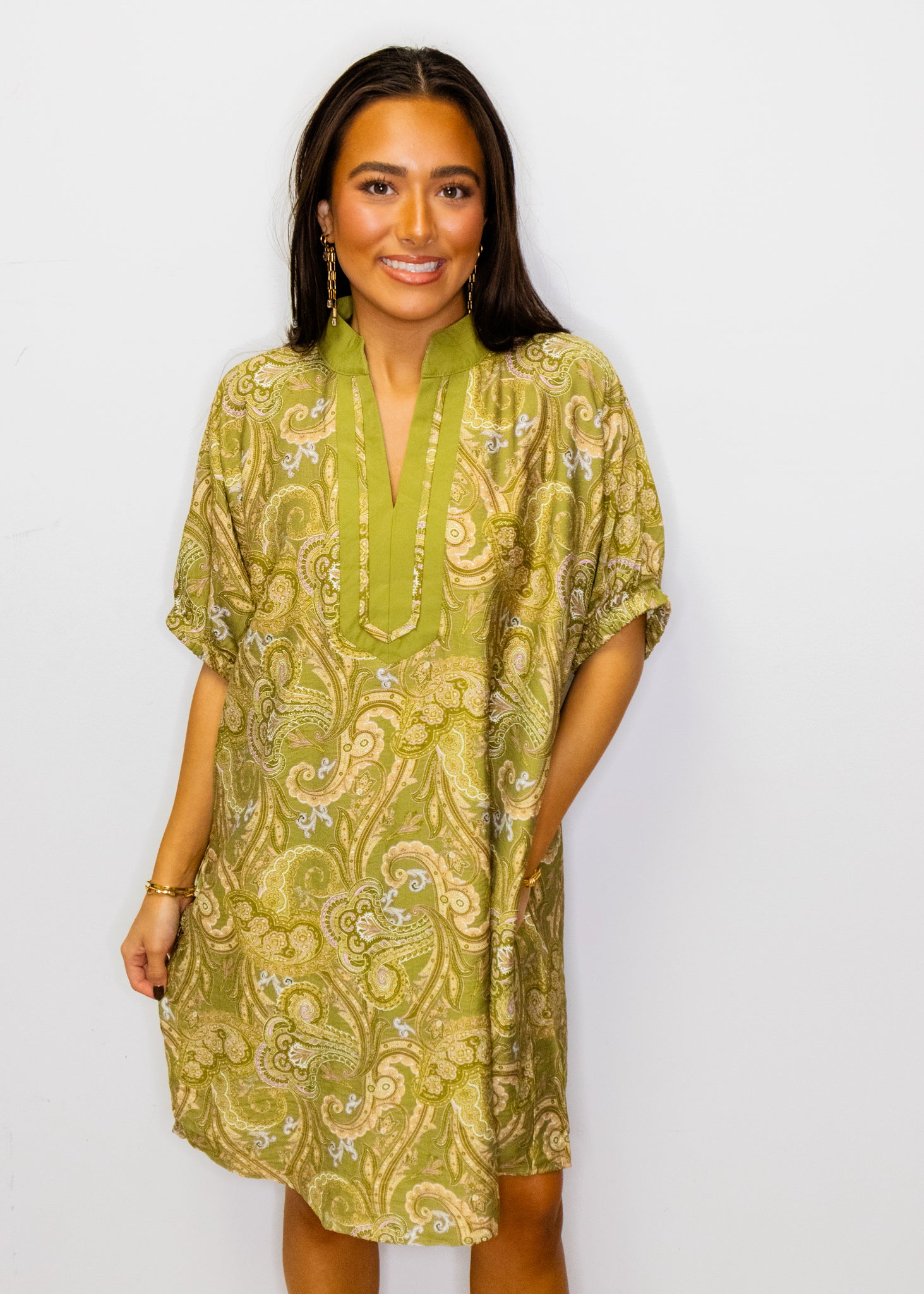 Olive Paisley Shift Dress
