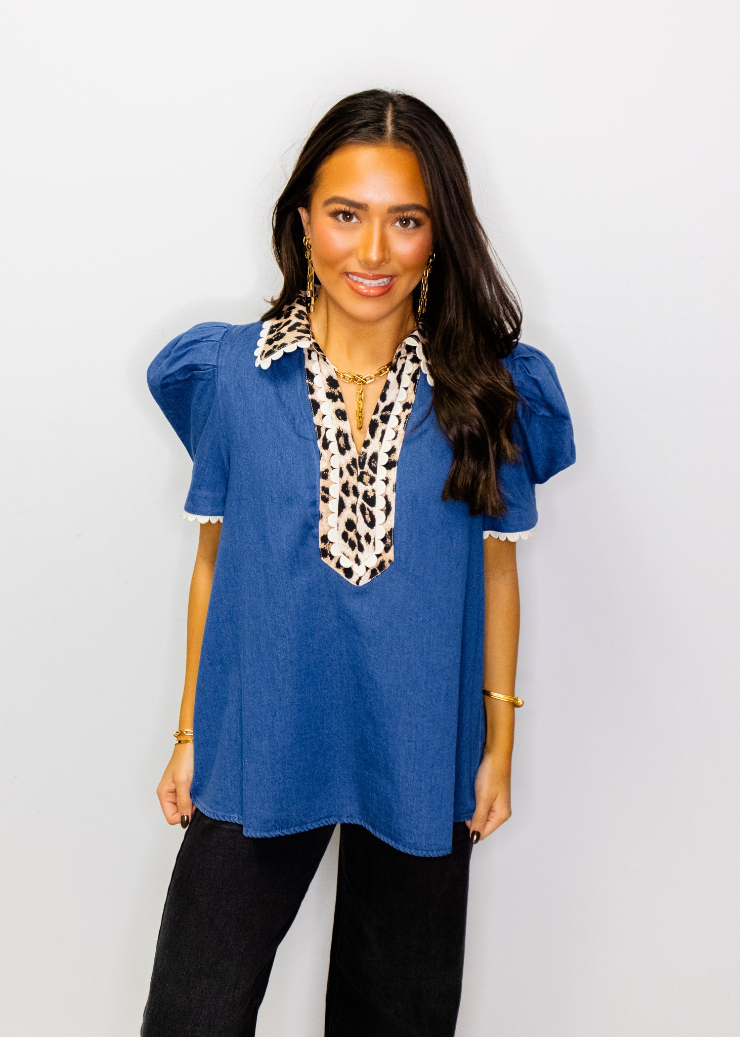 Denim & Leopard Puff Sleeve Top