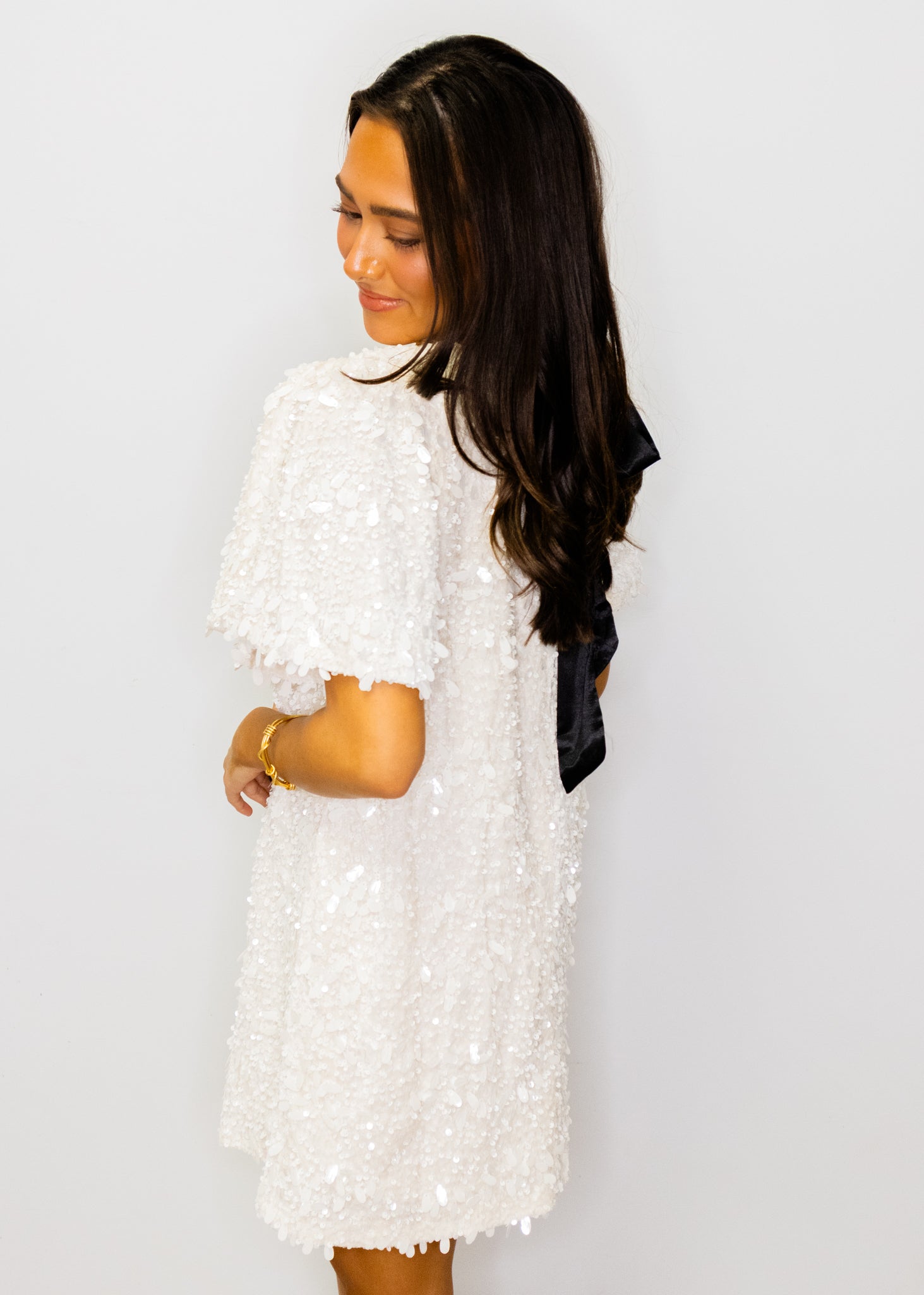 White Sequin Bow Back Shift Dress