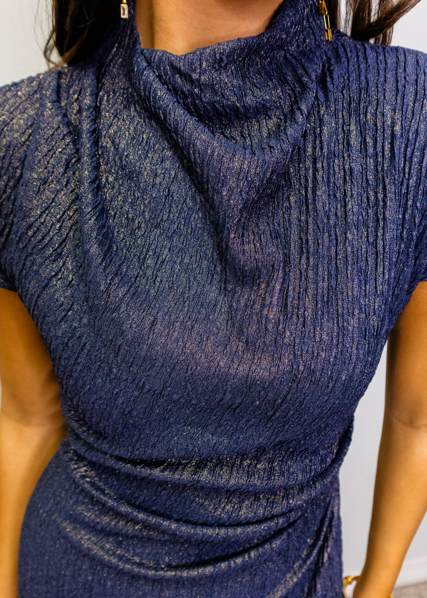 Navy Metallic Mock Midi Dress