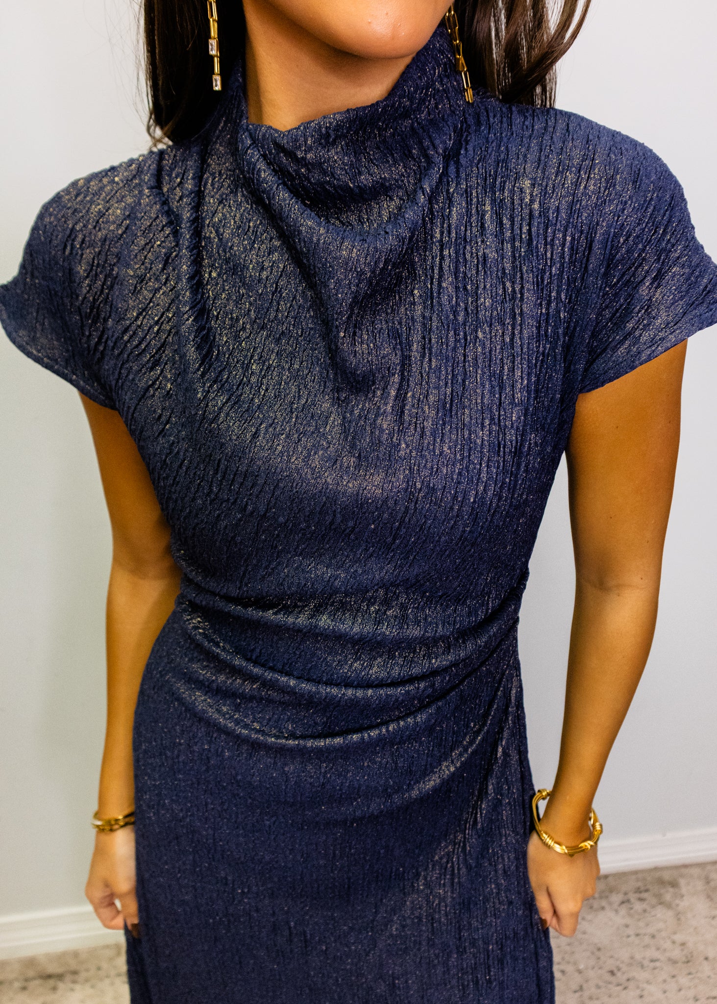 Navy Metallic Mock Midi Dress